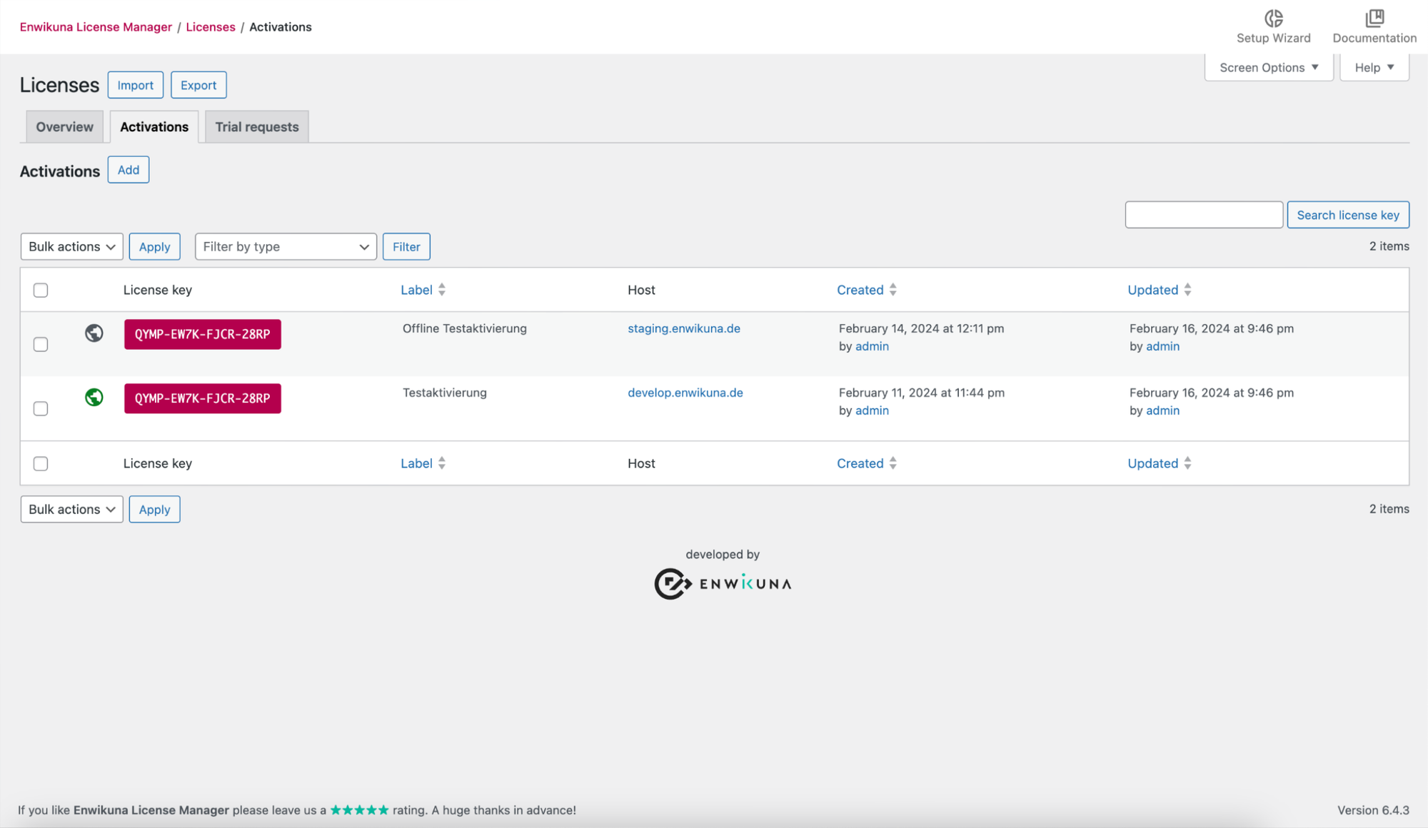 License activation and host overview in Enwikuna License Manager