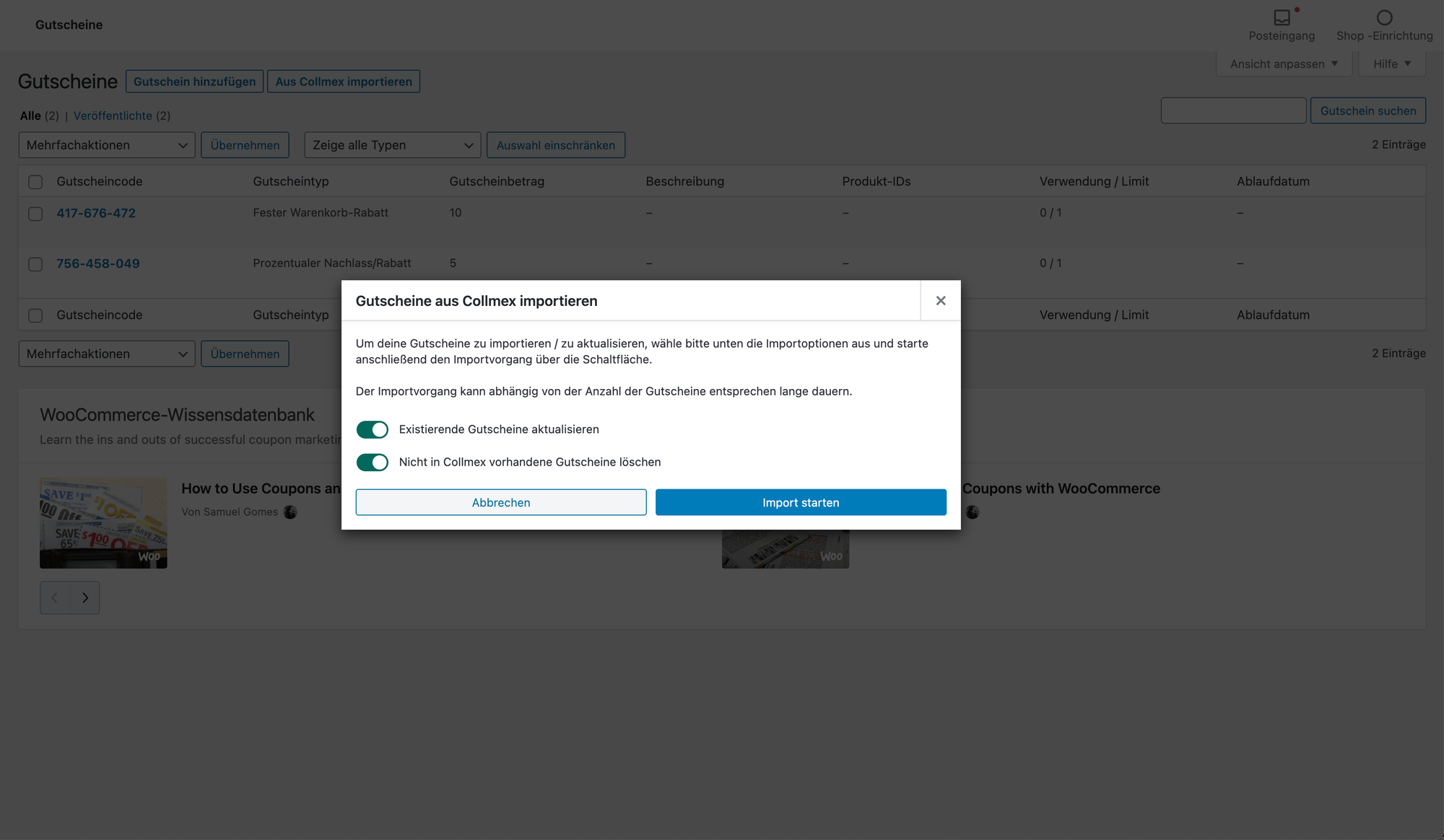 Gutscheinimport von Collmex nach WooCommerce in WooMex