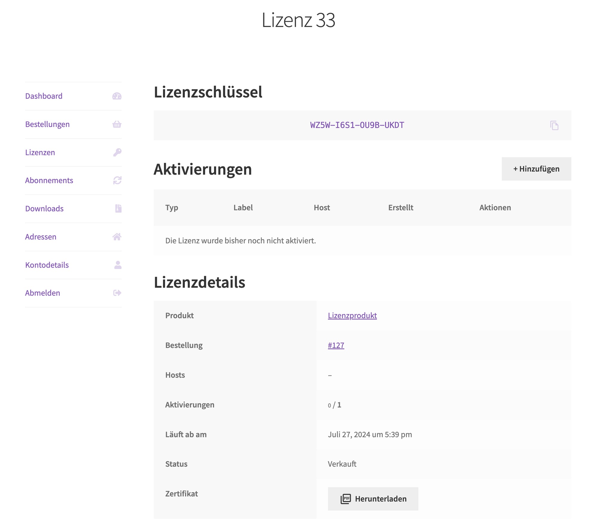 Lizenzdetails und Aktivierungen im WooCommerce-Kundenkonto