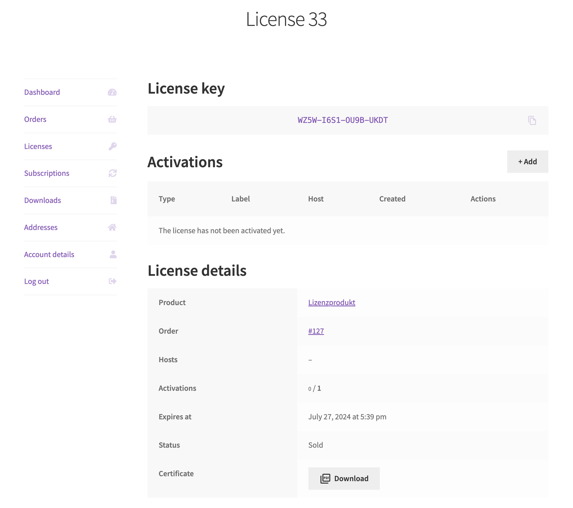 License details and activations in the WooCommerce customer account