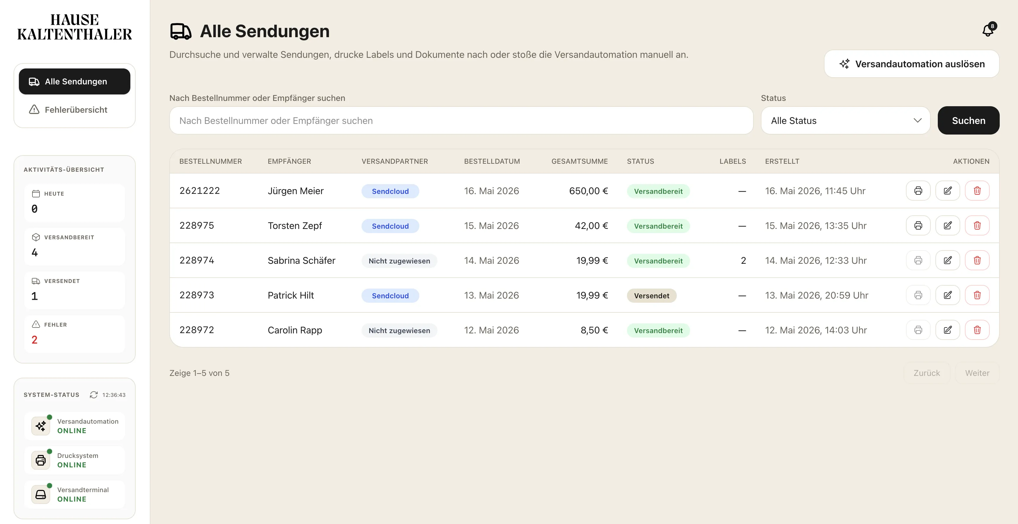 Dashboard der Versandautomatisierung mit Sendungsstatus, Versandpartnern und Systemzuständen