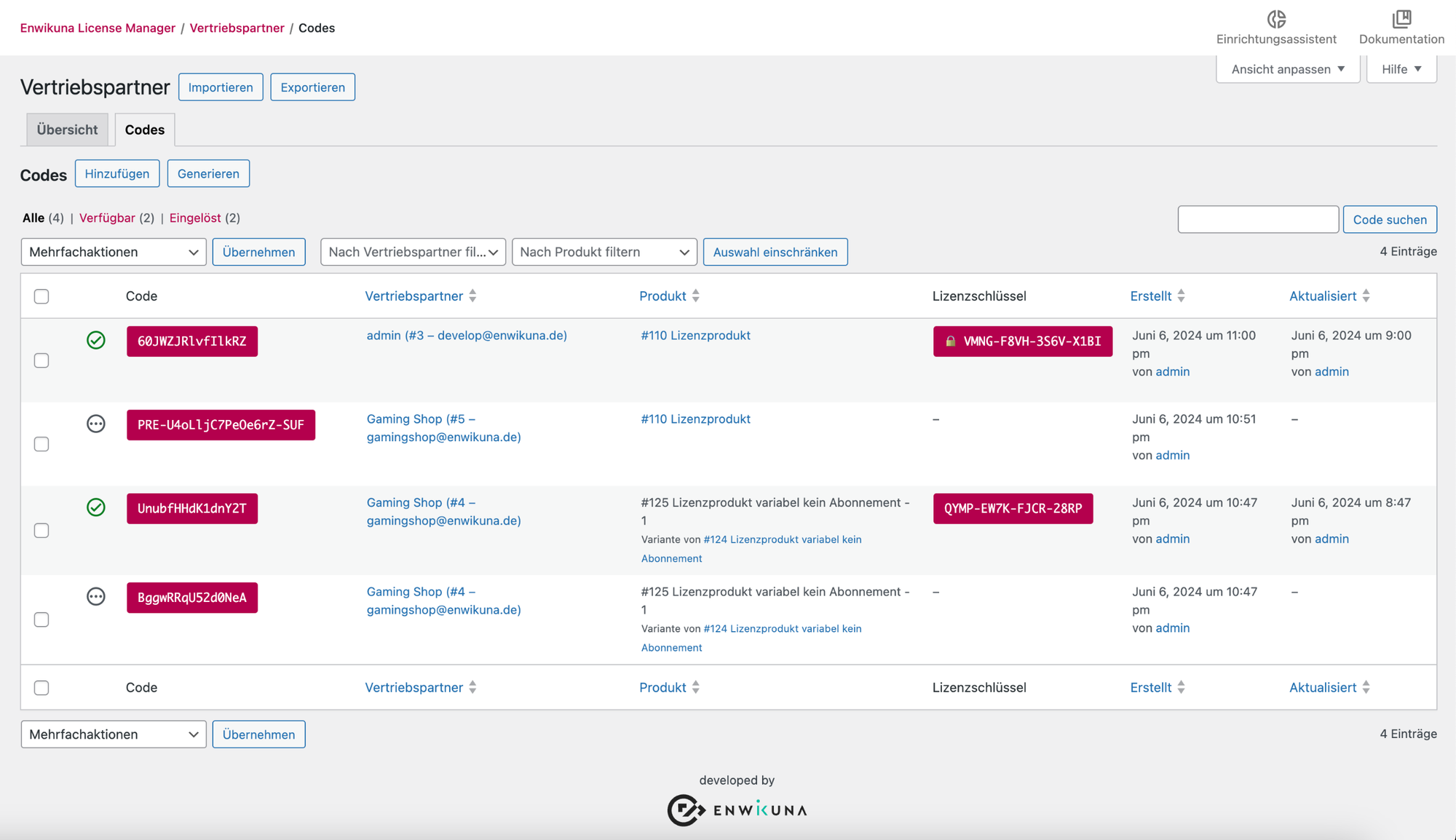 Tabelle der Vertriebspartnercodes im Enwikuna License Manager Pro