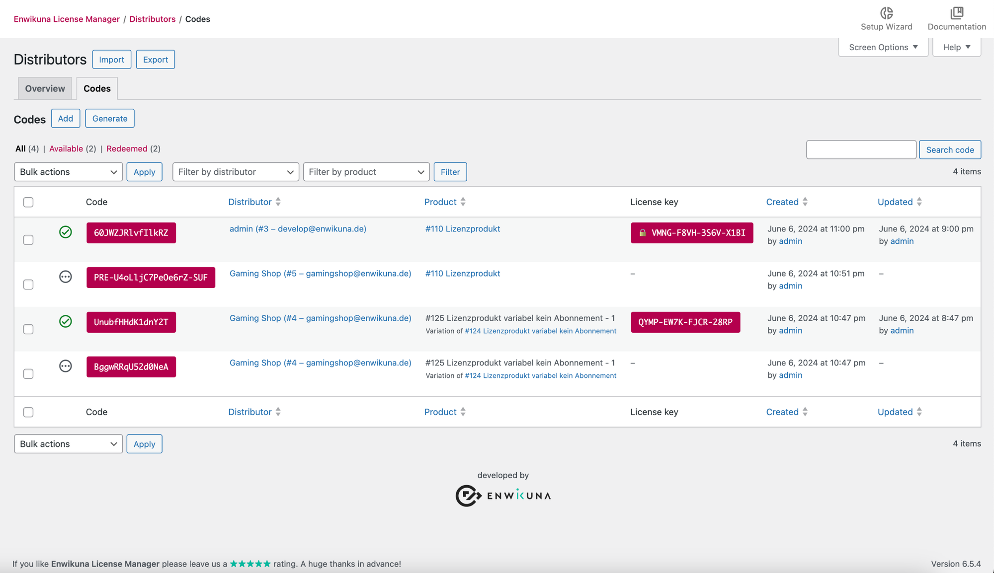 Distributor code table in Enwikuna License Manager Pro