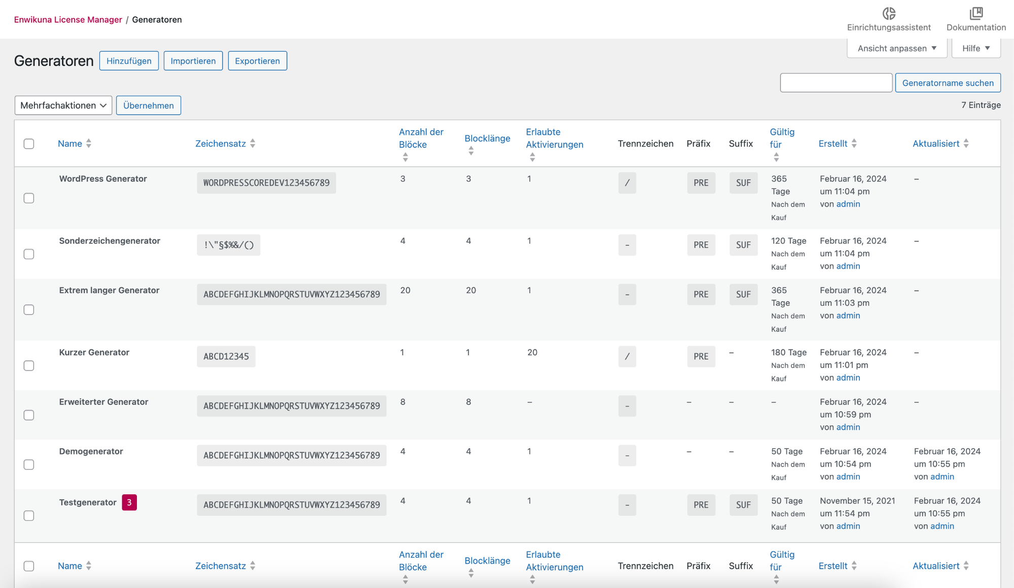 Tabelle der Lizenzgeneratoren im Enwikuna License Manager