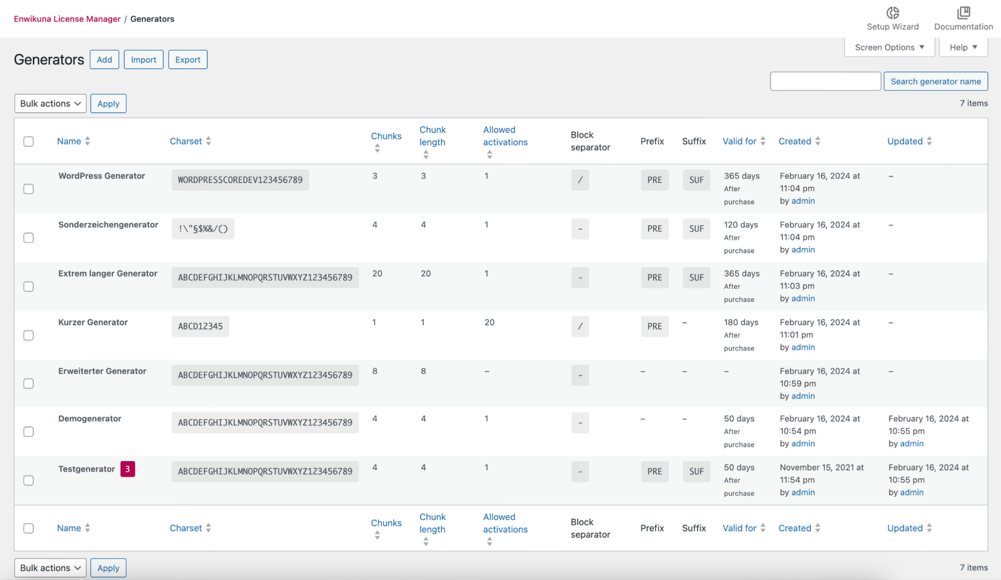 License generator table in Enwikuna License Manager