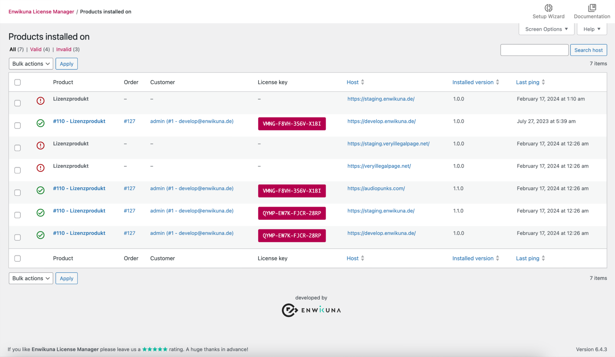 Installed product overview in Enwikuna License Manager Pro