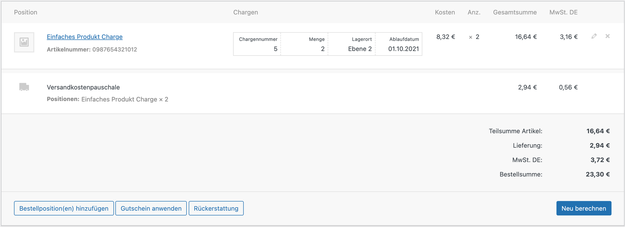WooCommerce-Bestellung mit zugeordneten Chargen in Woo Batches