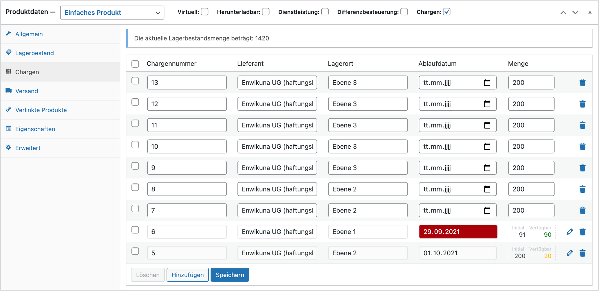 WooCommerce-Produktübersicht mit Chargeninformationen aus Woo Batches