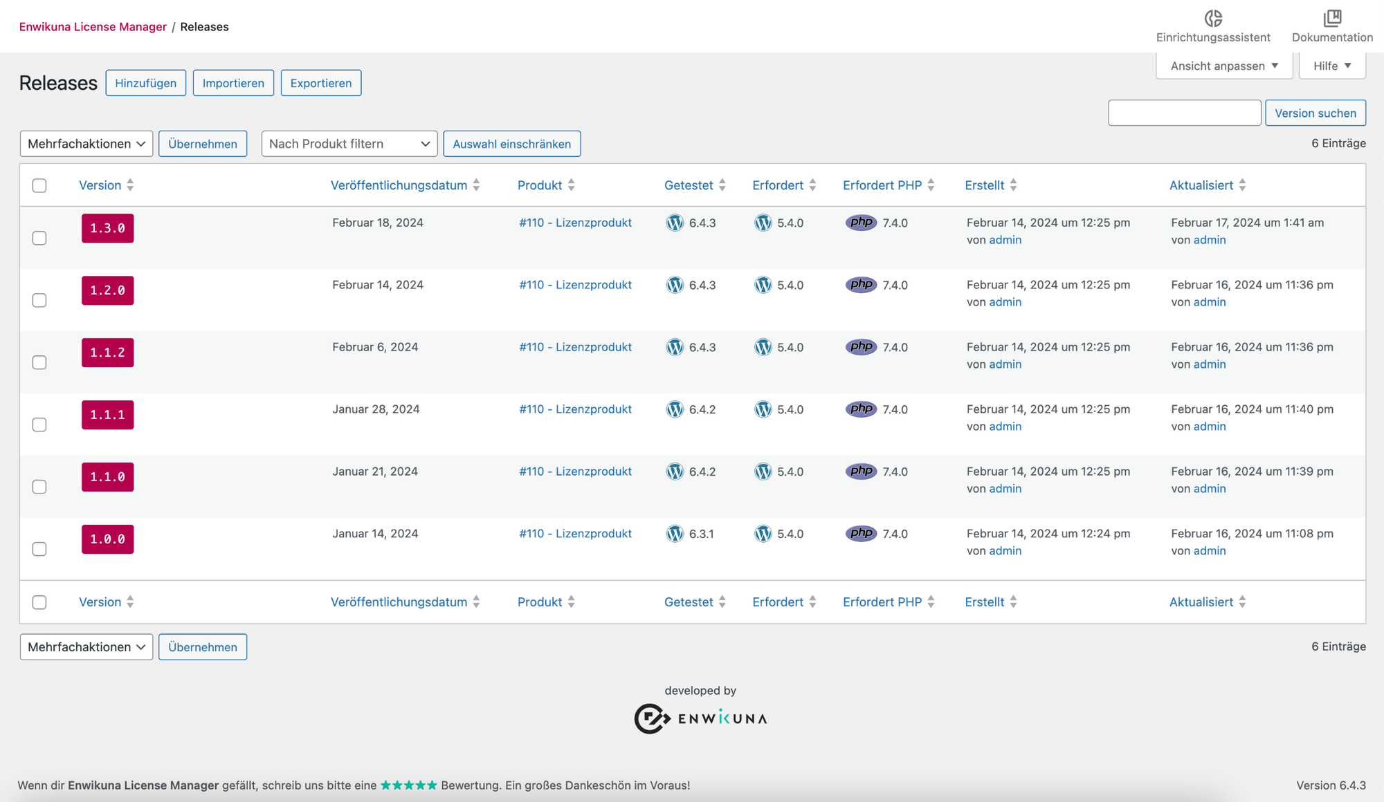 Release-Tabelle im Enwikuna License Manager Pro