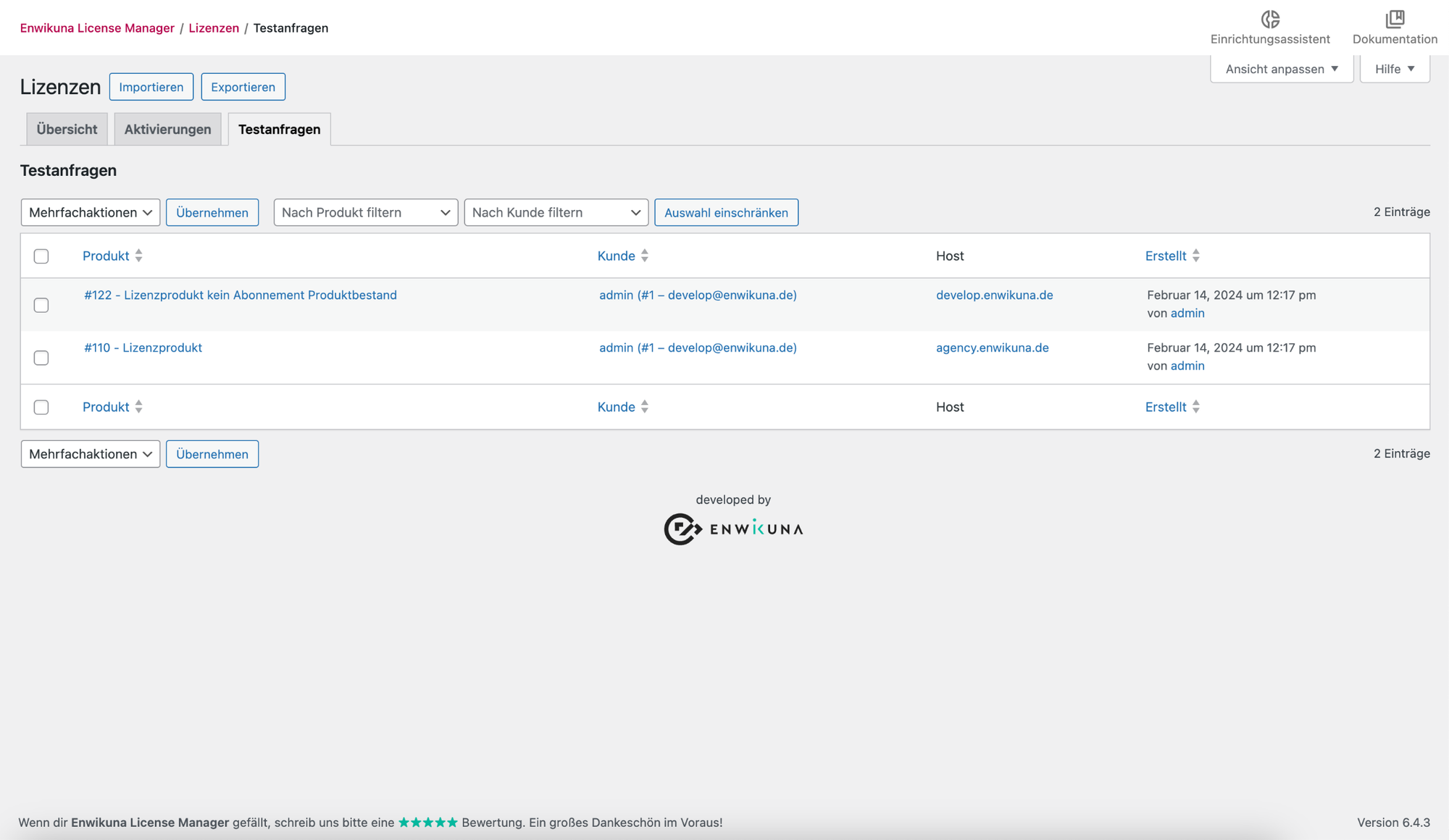 Tabelle der Testlizenzanfragen im Enwikuna License Manager Pro