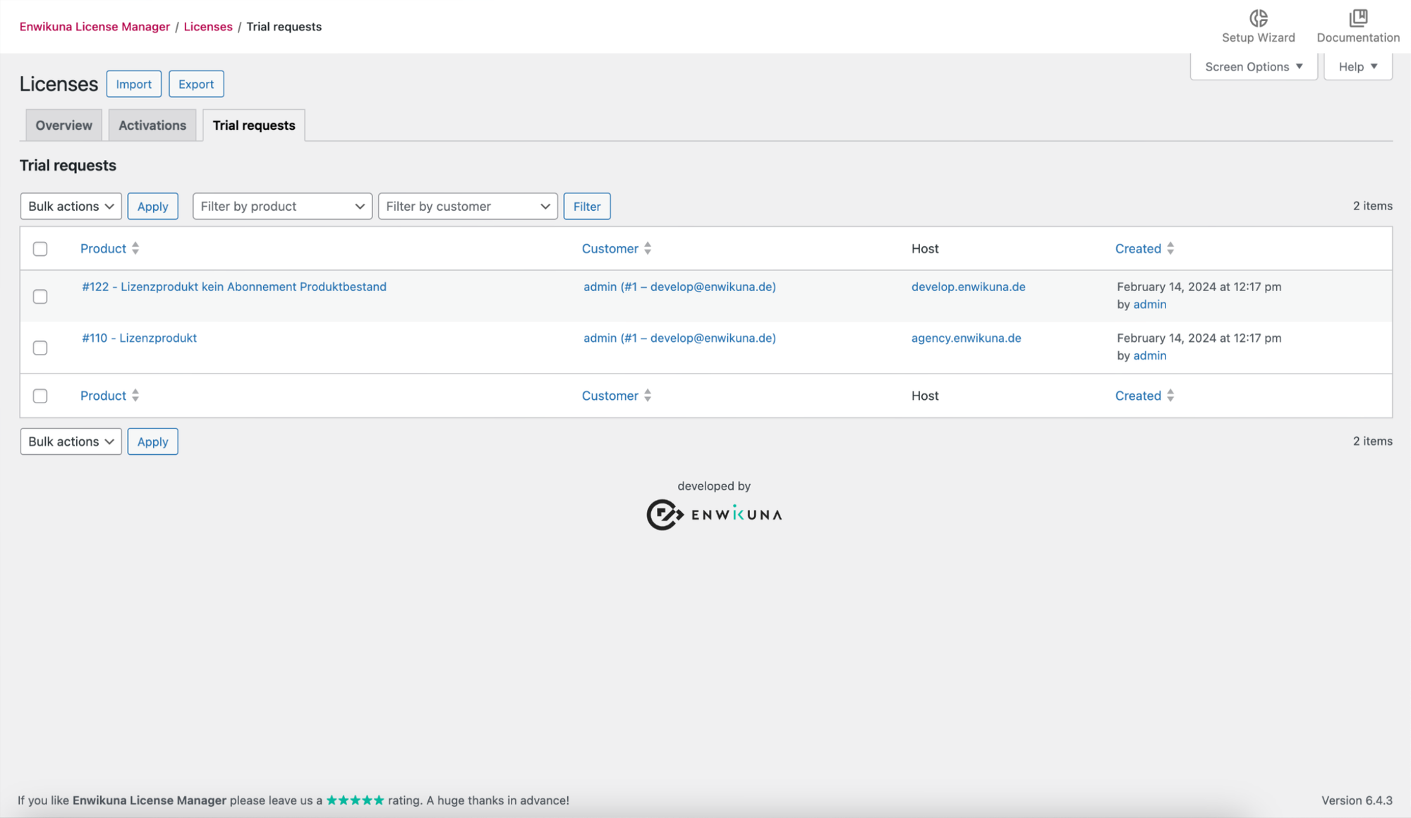 Trial license request table in Enwikuna License Manager Pro