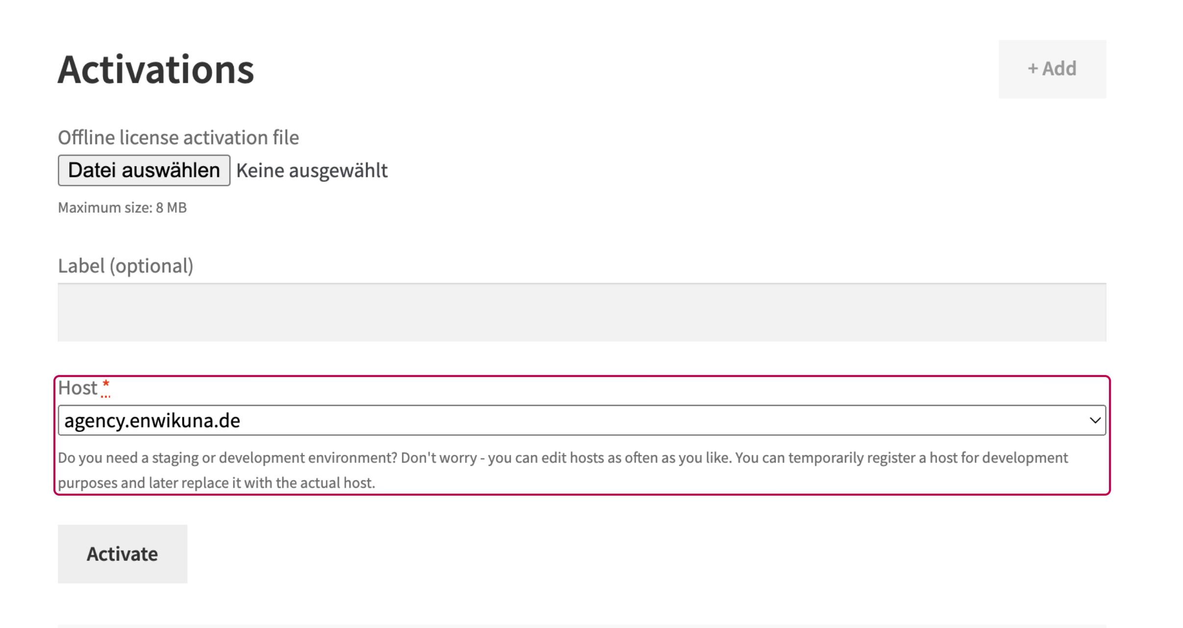Enwikuna License Manager account license activate host