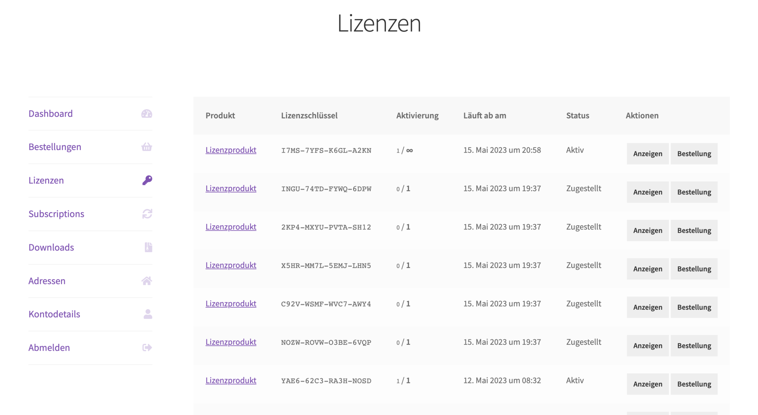 Enwikuna License Manager Konto Lizenztabelle