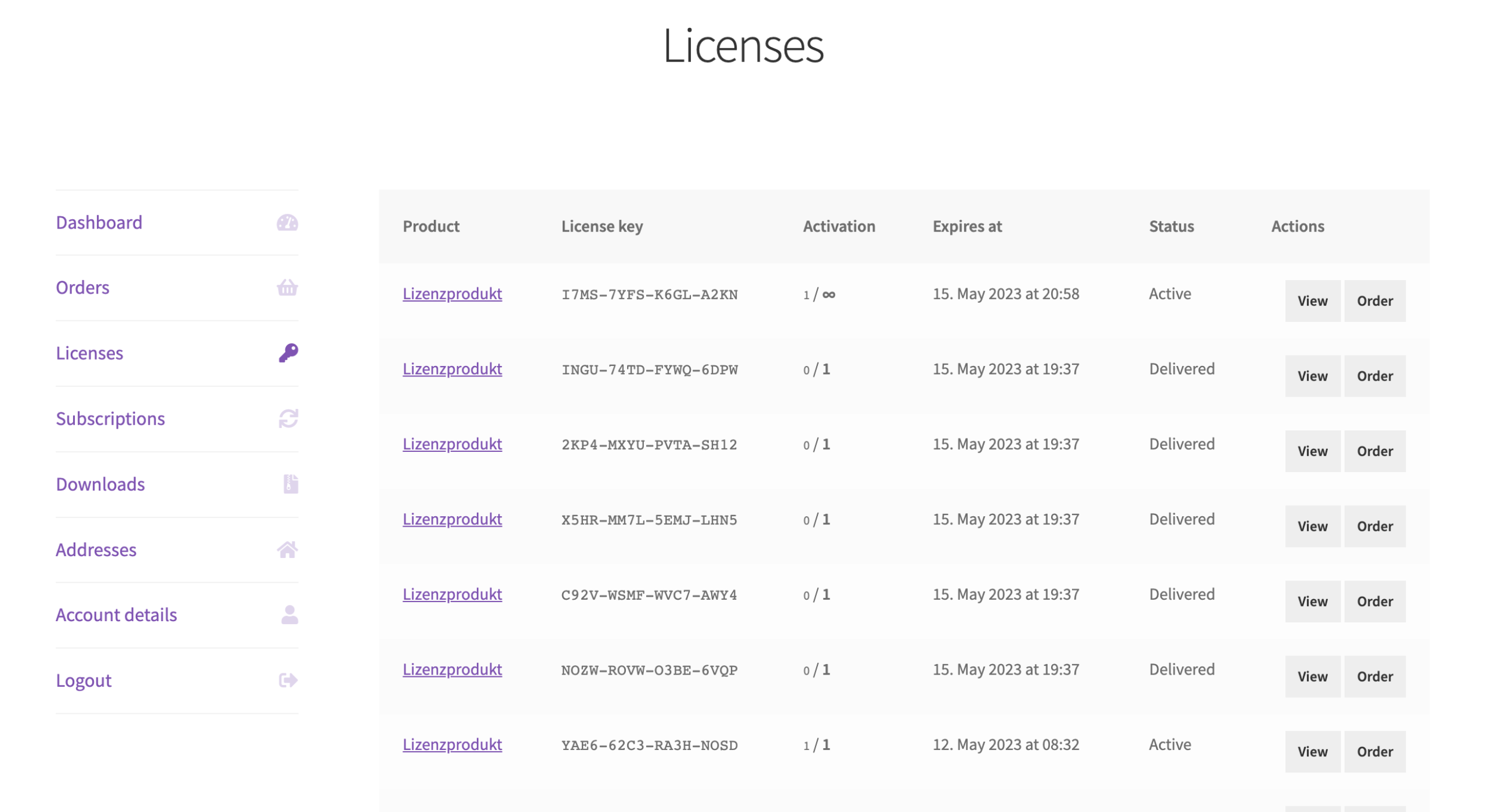 Enwikuna License Manager Konto Lizenztabelle