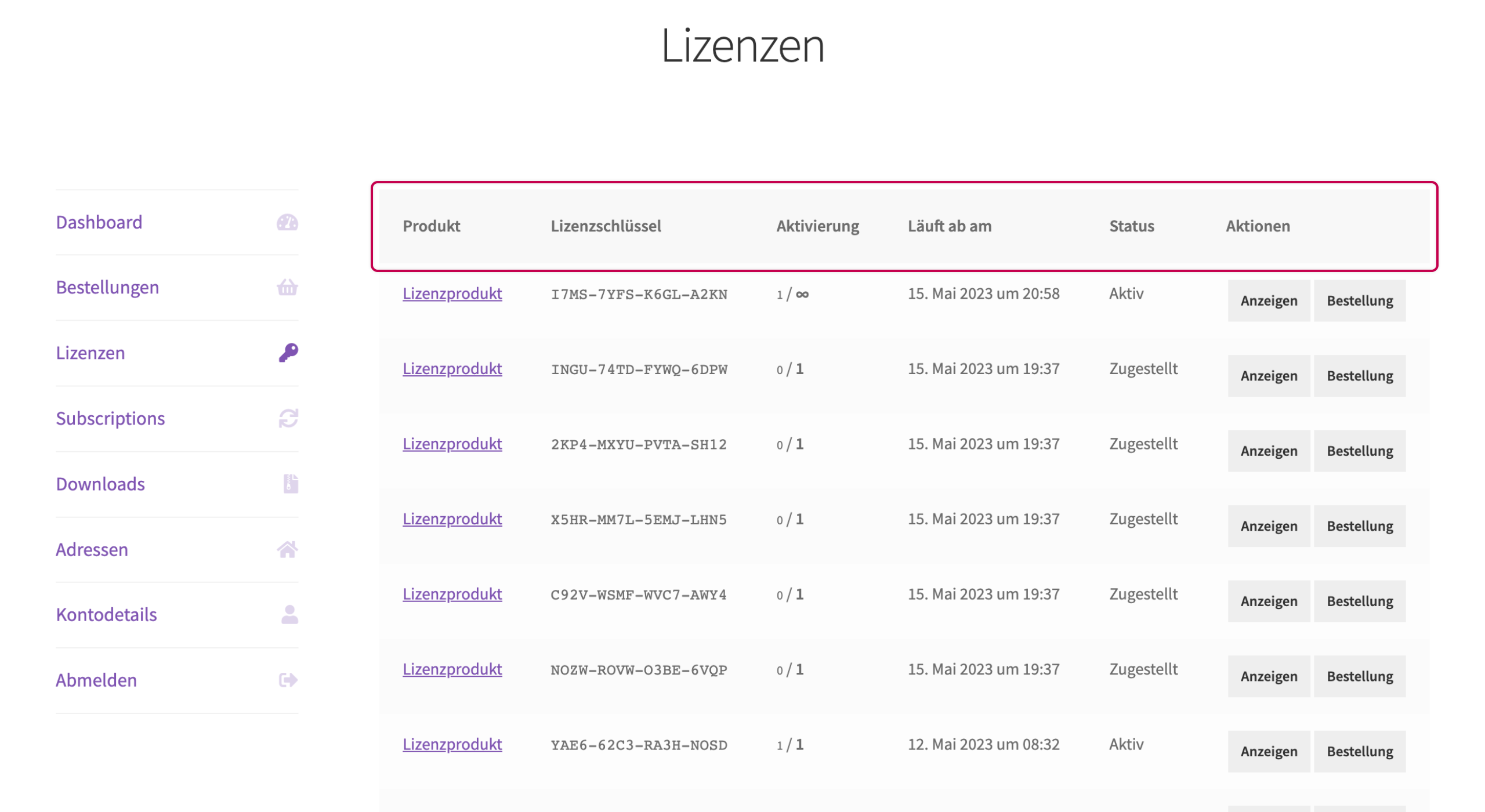 Enwikuna License Manager Konto Lizenztabelle Überschriften