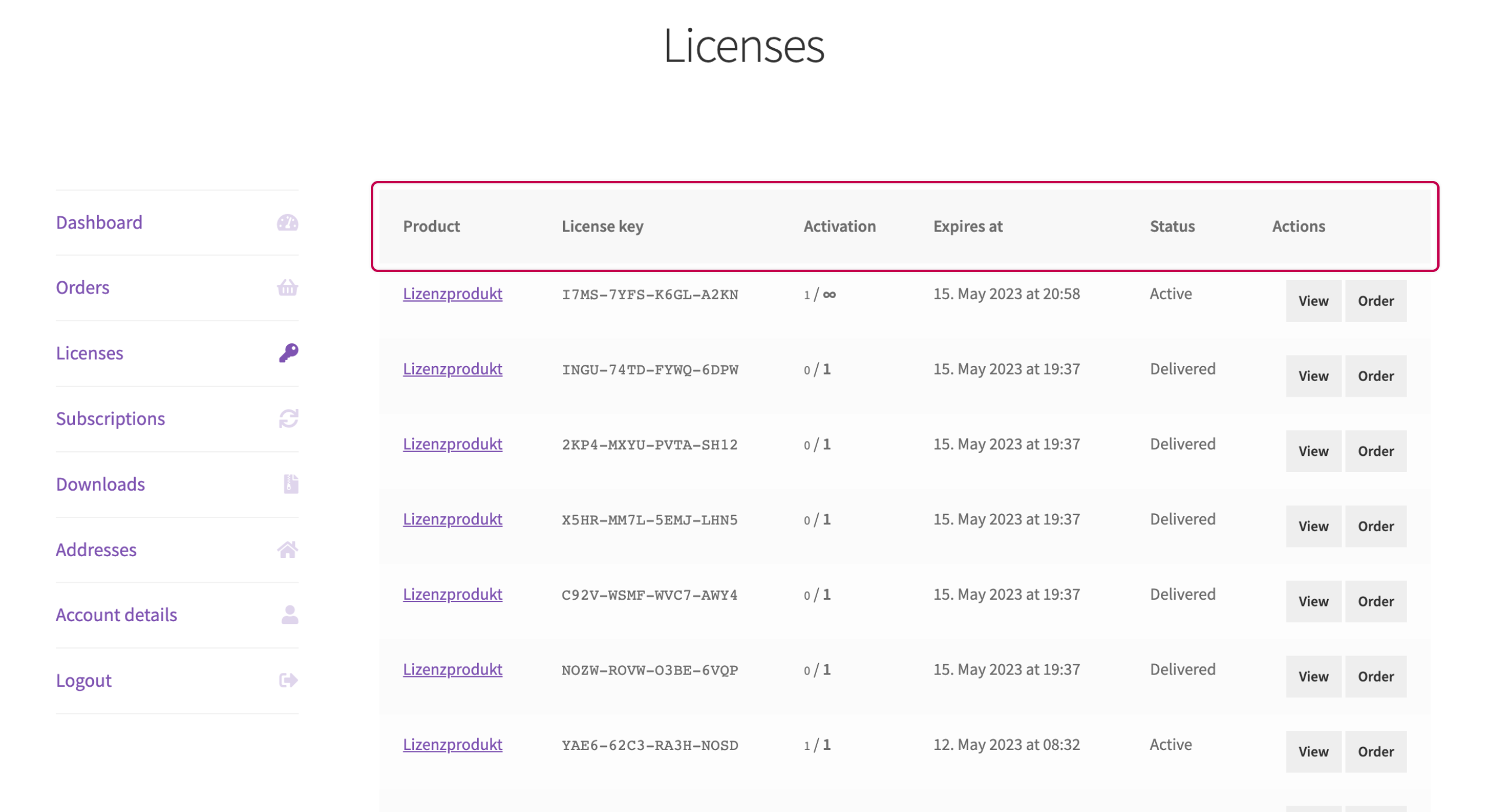 Enwikuna License Manager Konto Lizenztabelle Überschriften