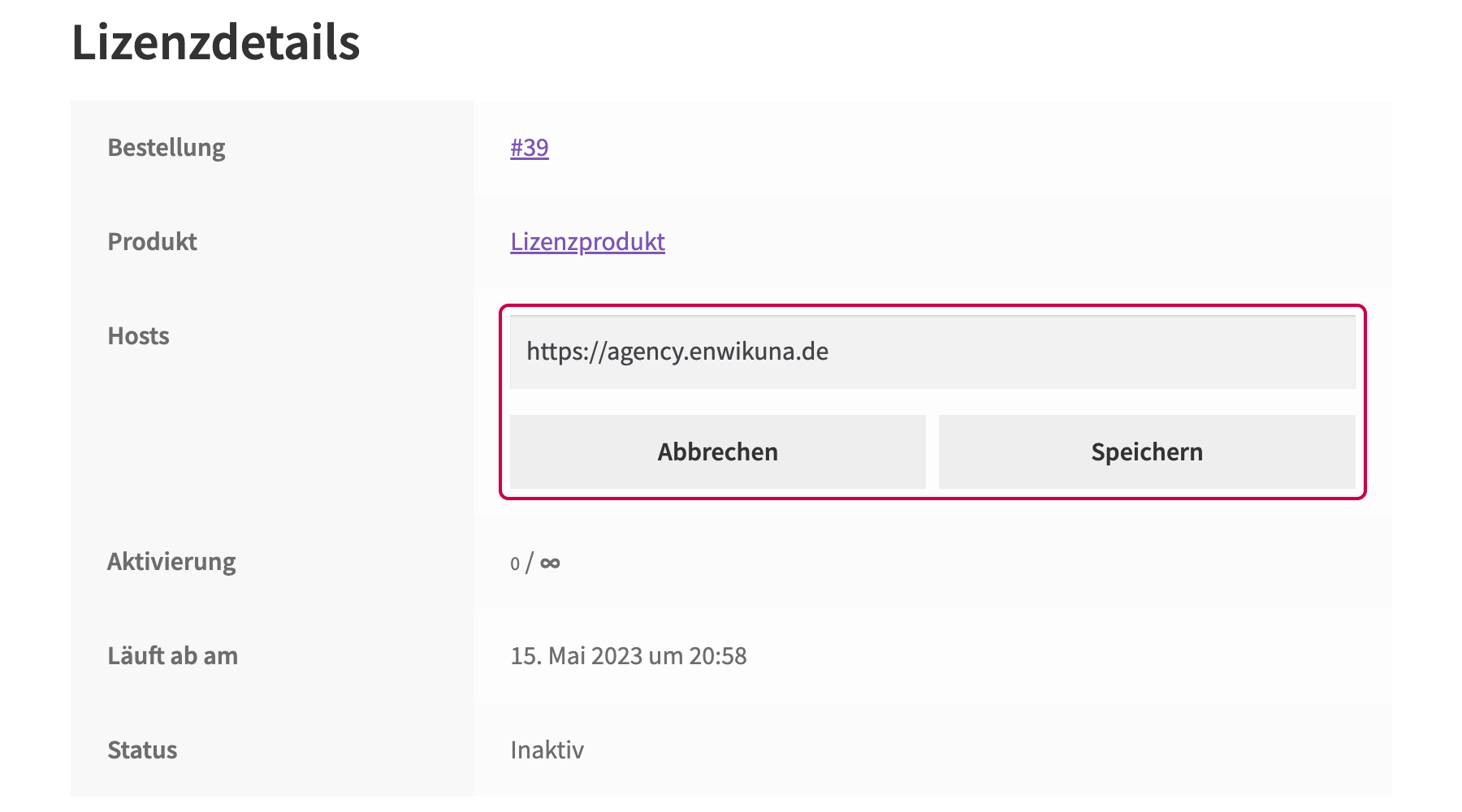 Enwikuna License Manager Konto Hostanpassung