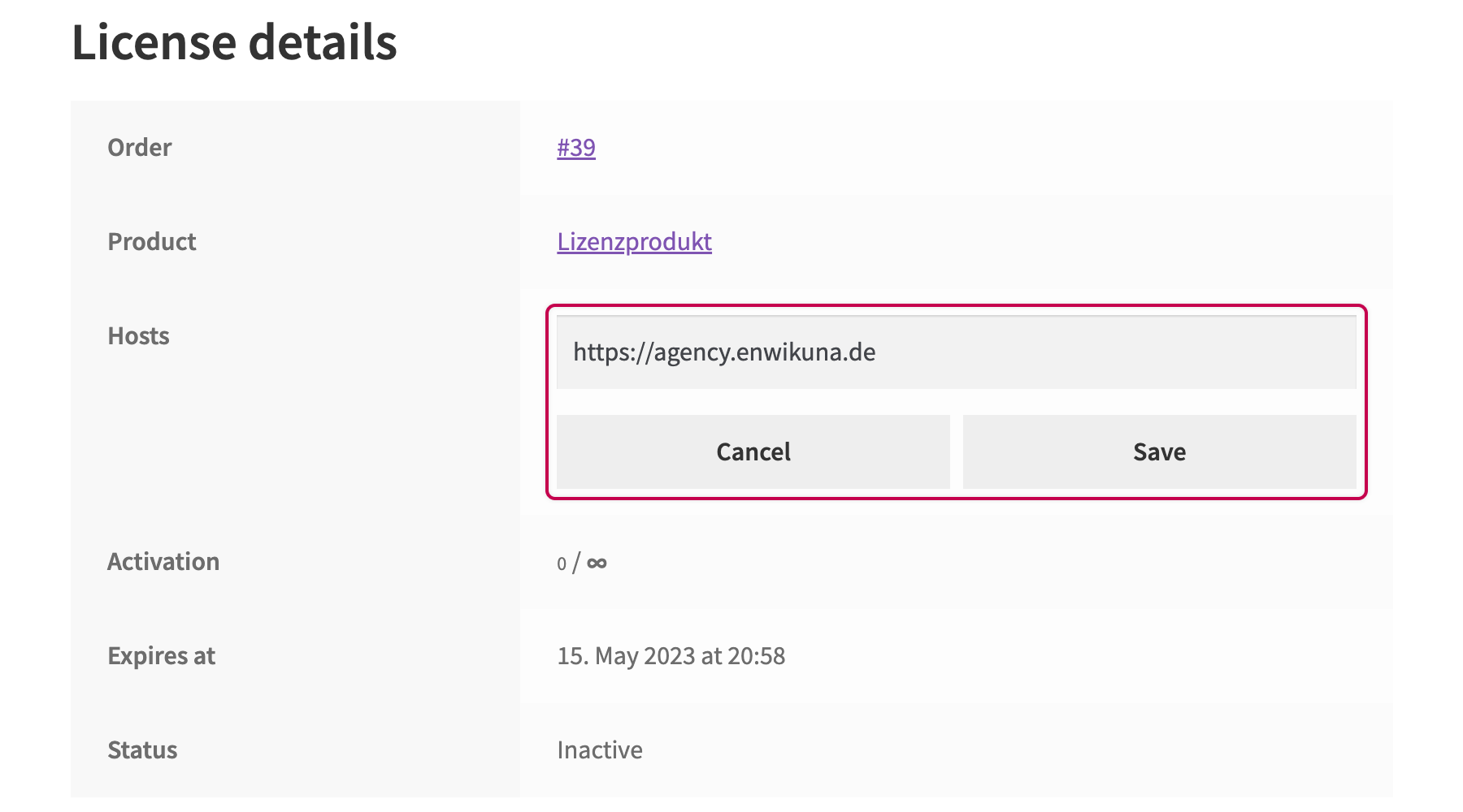 Enwikuna License Manager Konto Hostanpassung