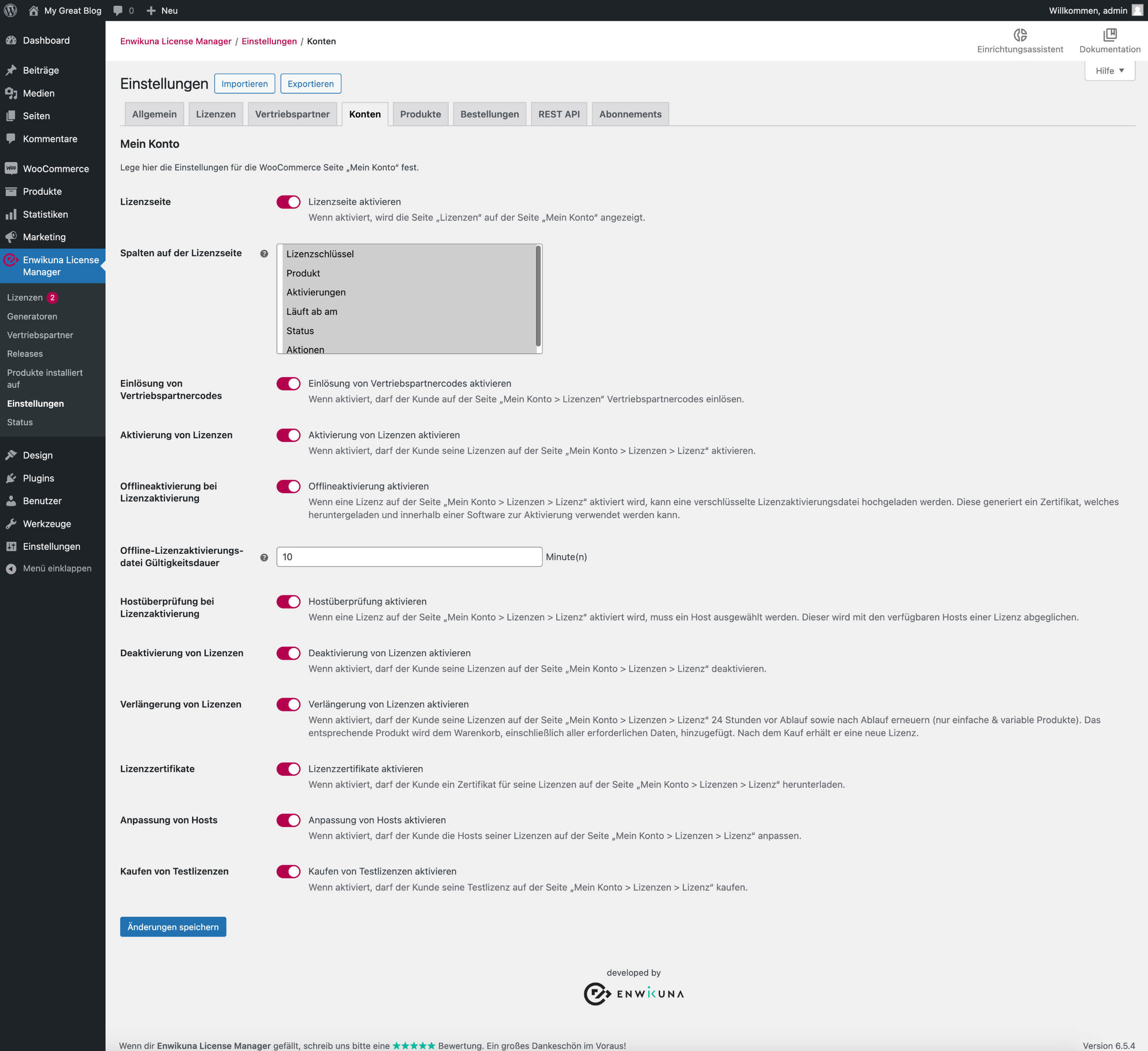Enwikuna License Manager Kontoeinstellungen