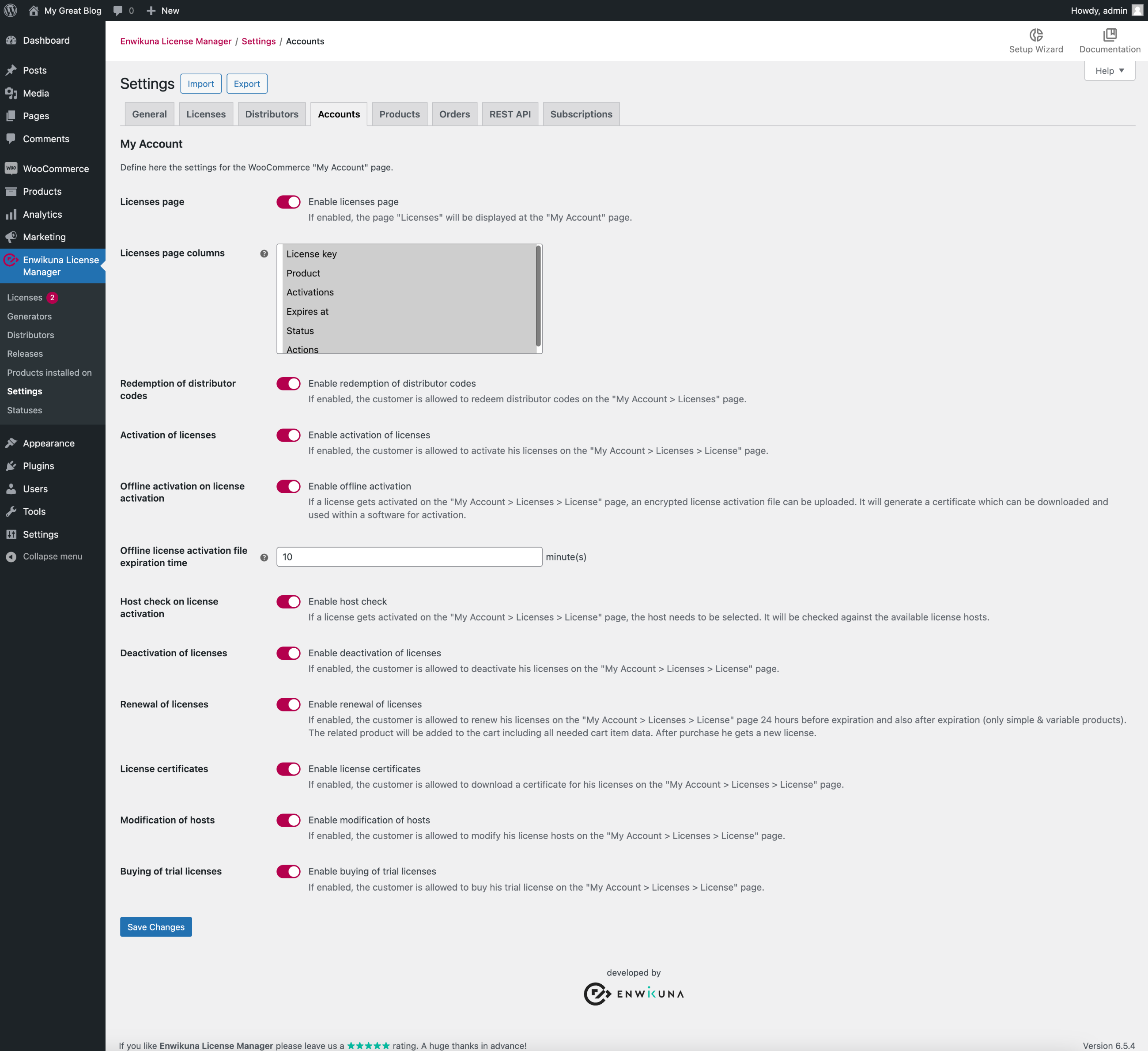 Enwikuna License Manager Kontoeinstellungen