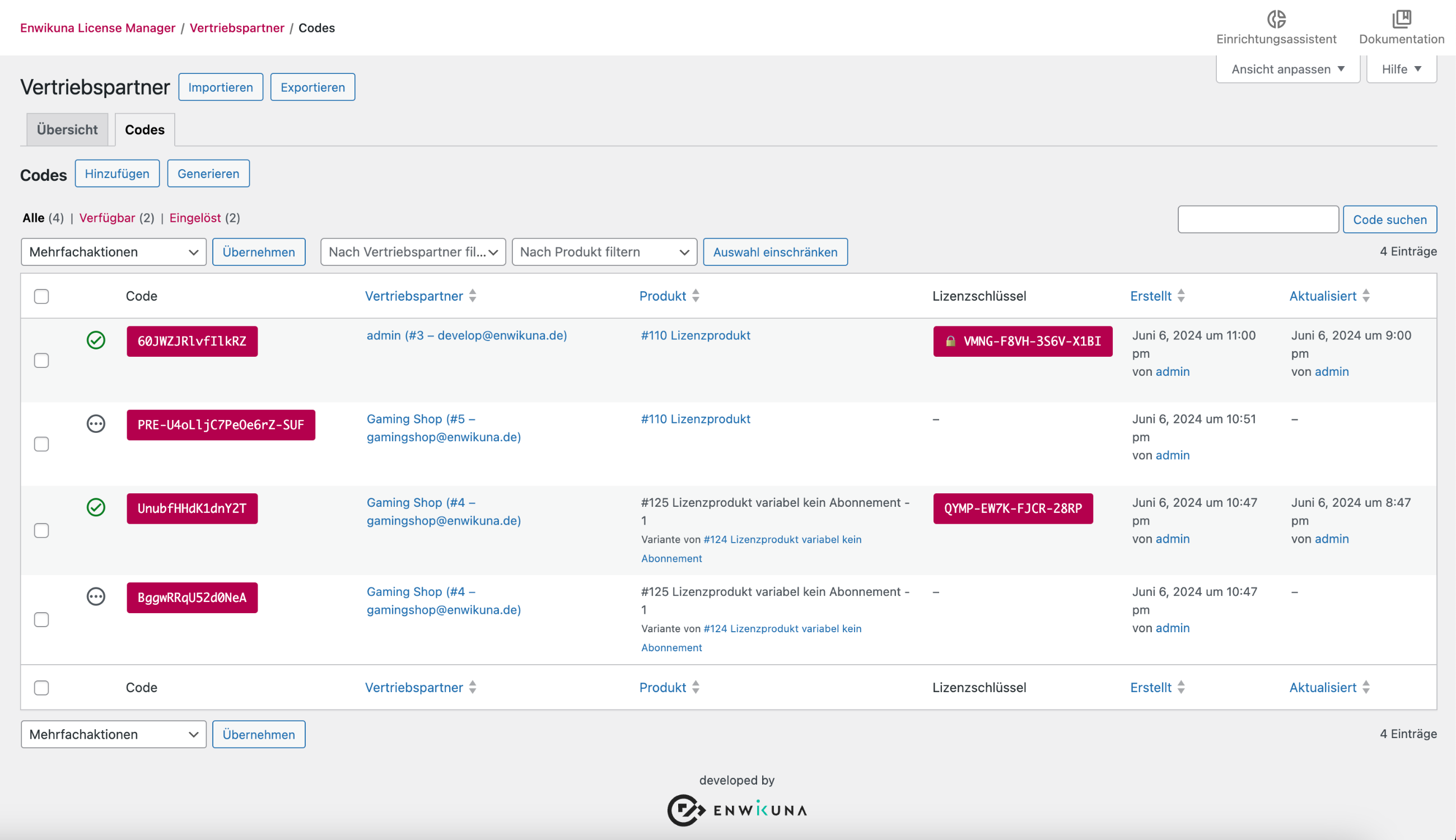 Enwikuna License Manager Vertriebspartnercodes Tabelle