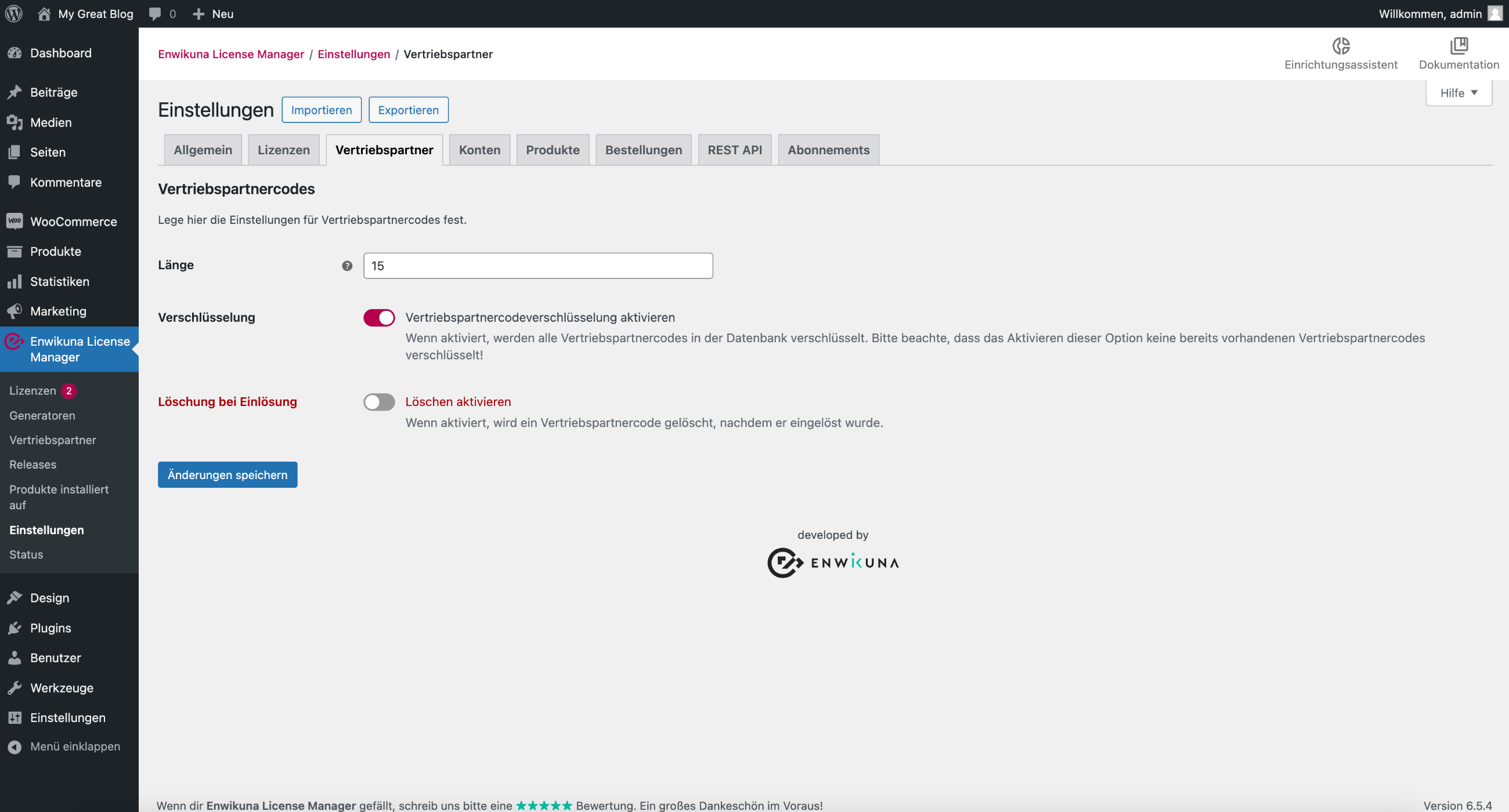 Enwikuna License Manager Vertriebspartnereinstellungen