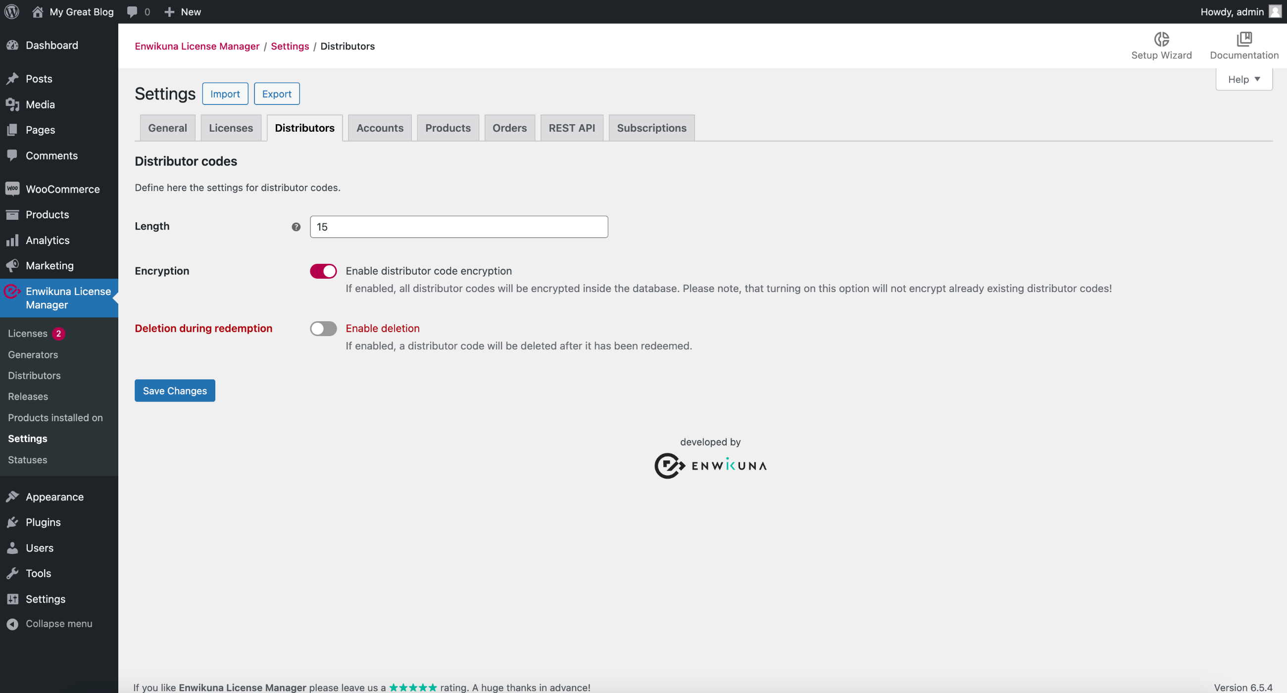 Enwikuna License Manager distributor settings
