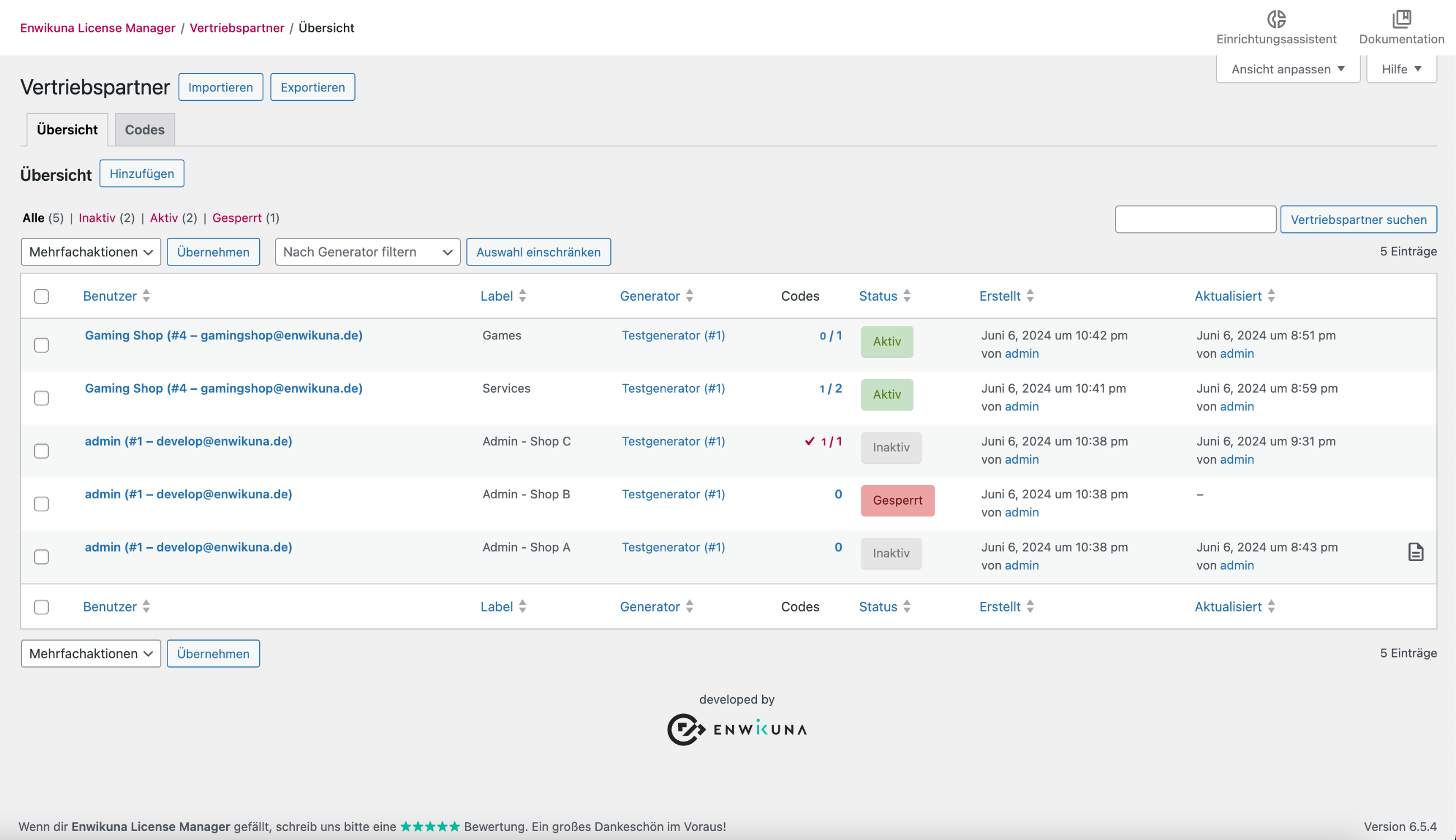 Enwikuna License Manager Vertriebspartner Tabelle
