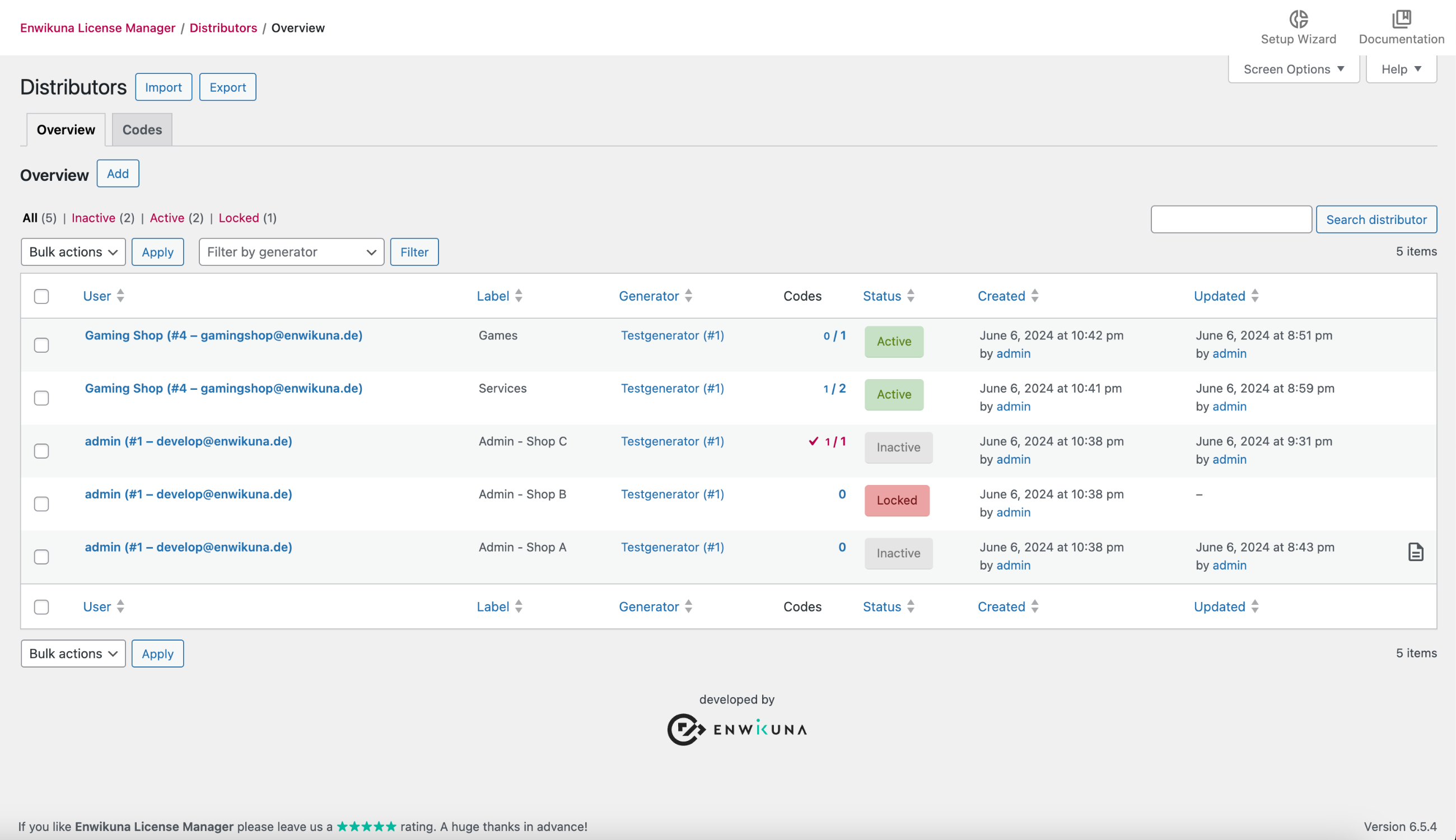 Enwikuna License Manager distributors table
