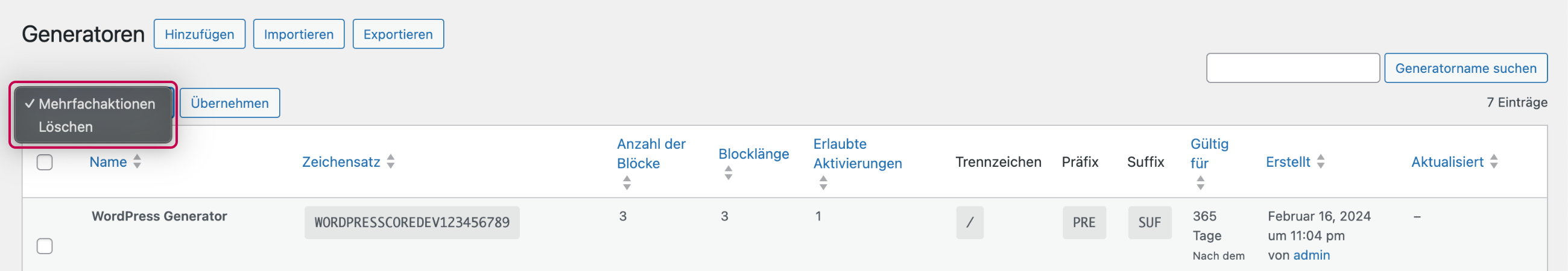 Enwikuna License Manager Generatoren Tabelle Mehrfachaktionen