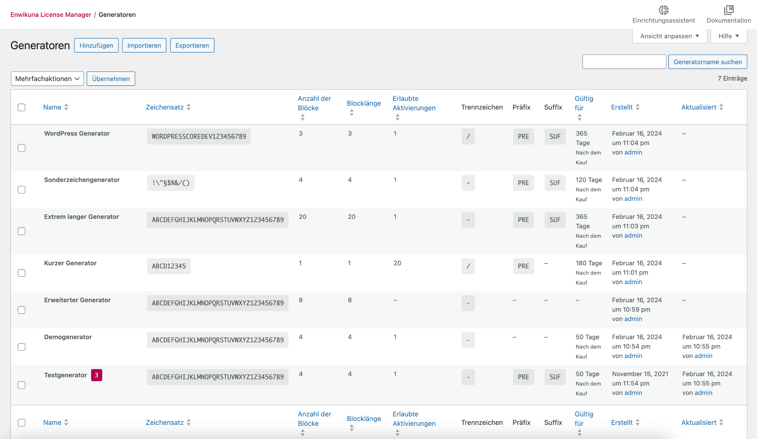 Enwikuna License Manager Generatoren Tabelle