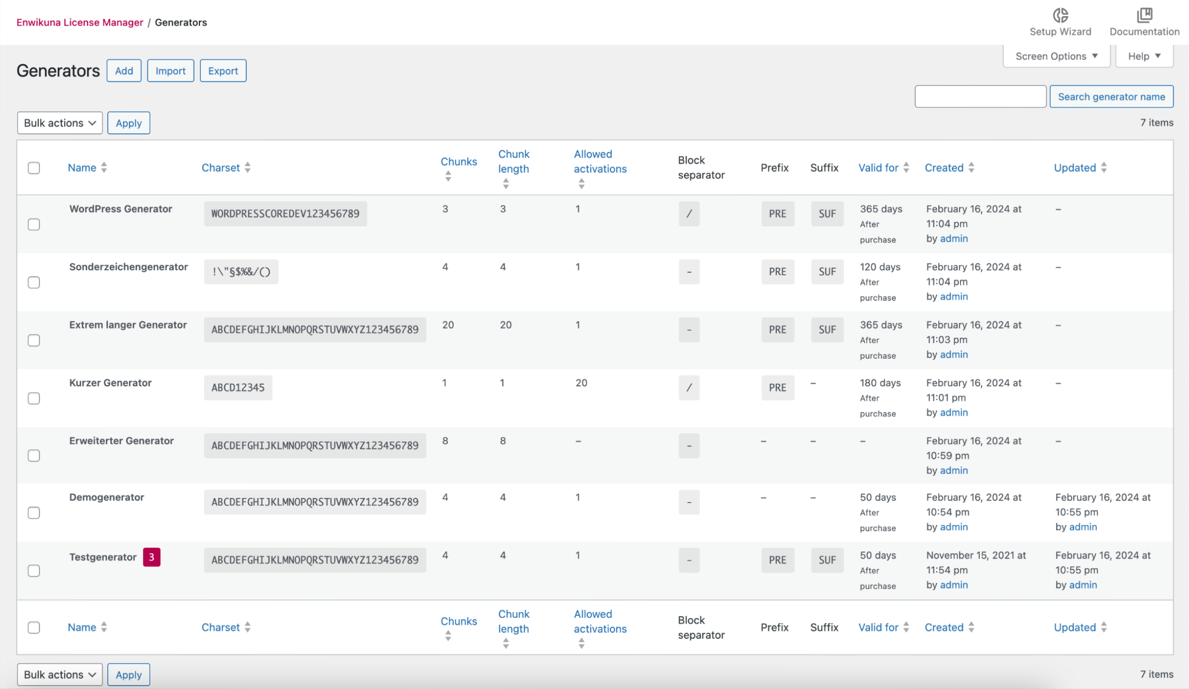 Enwikuna License Manager generators table
