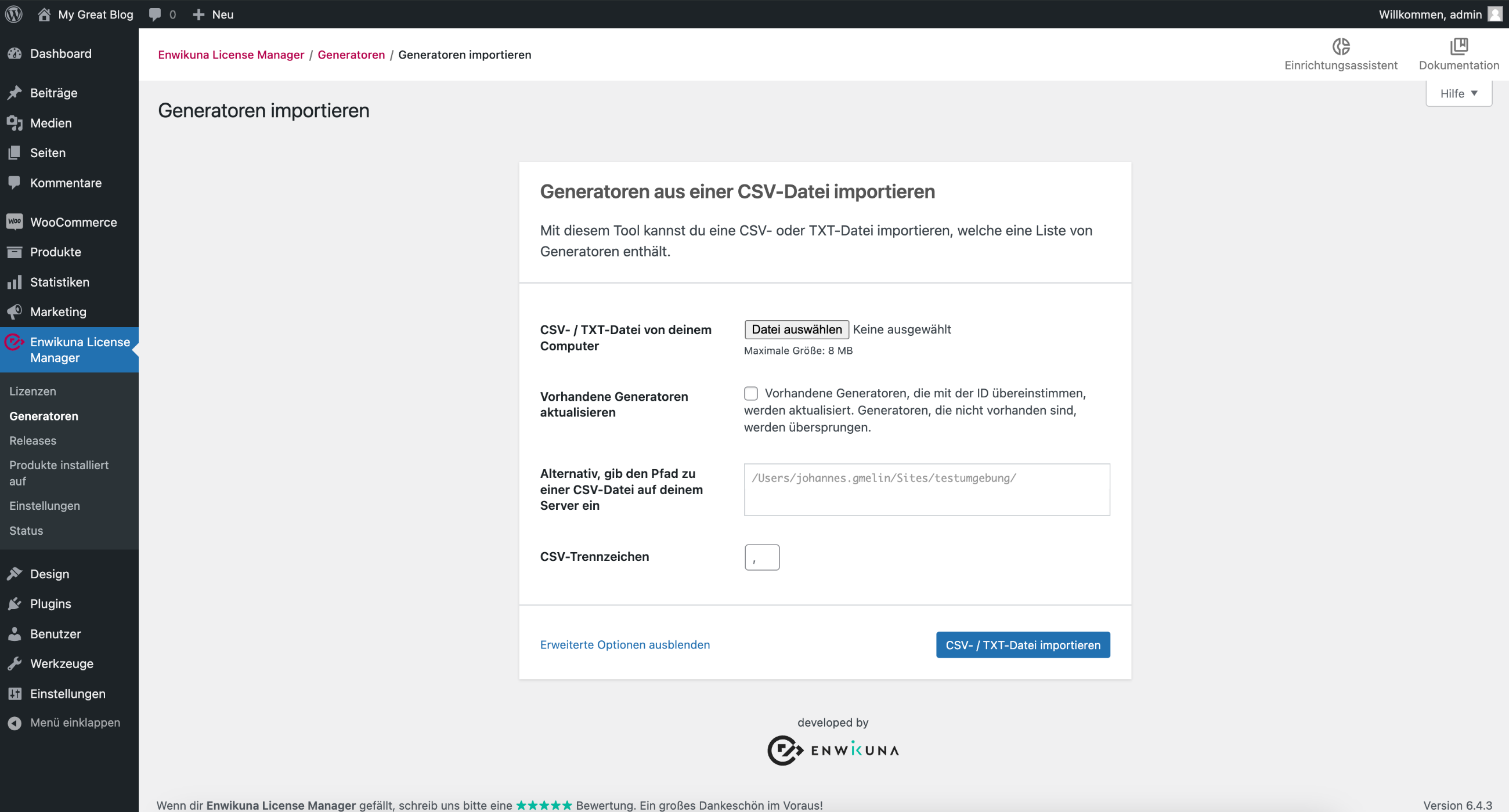 Enwikuna License Manager Generatoren importieren
