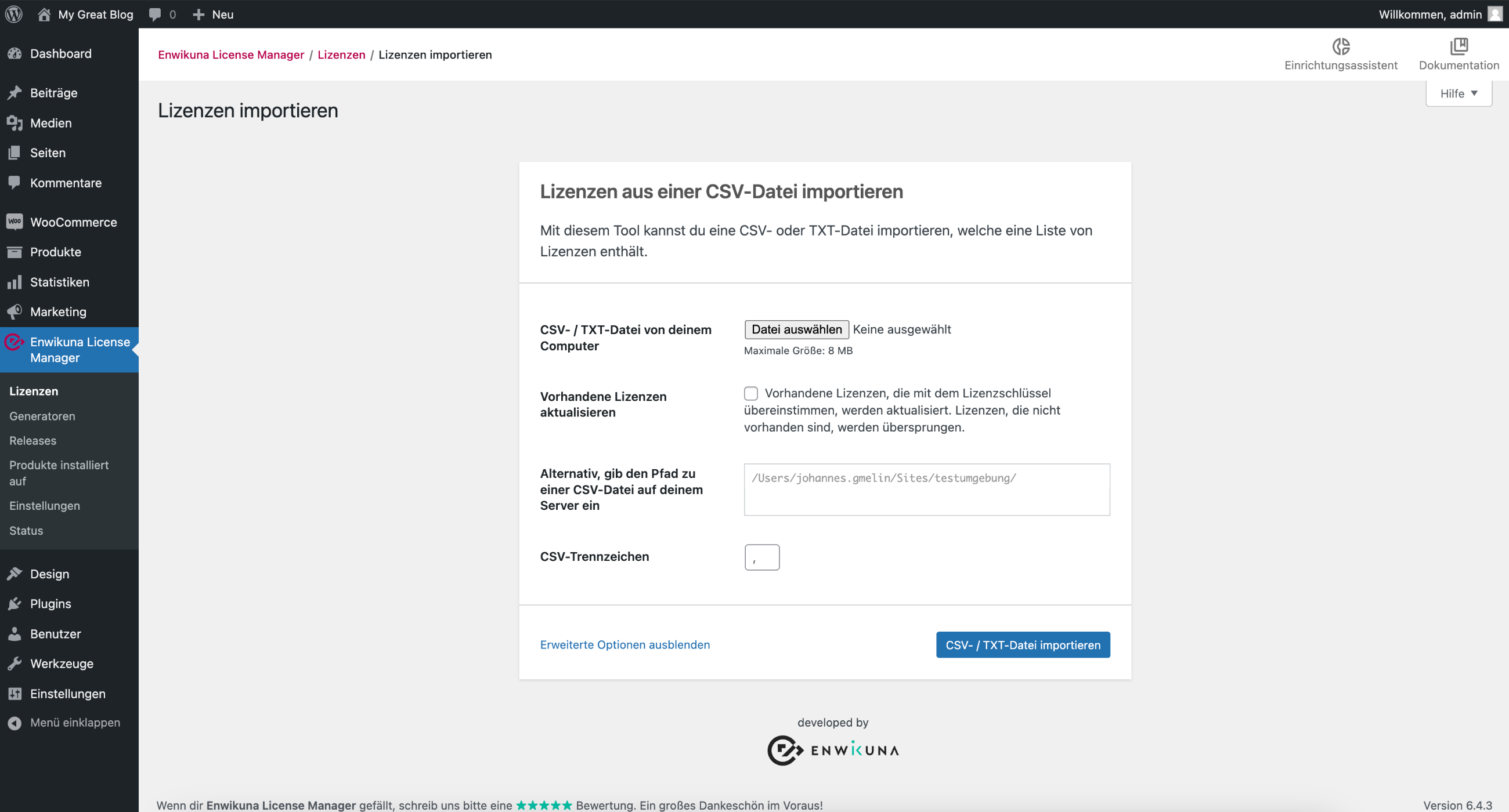 Enwikuna License Manager Lizenzen importieren