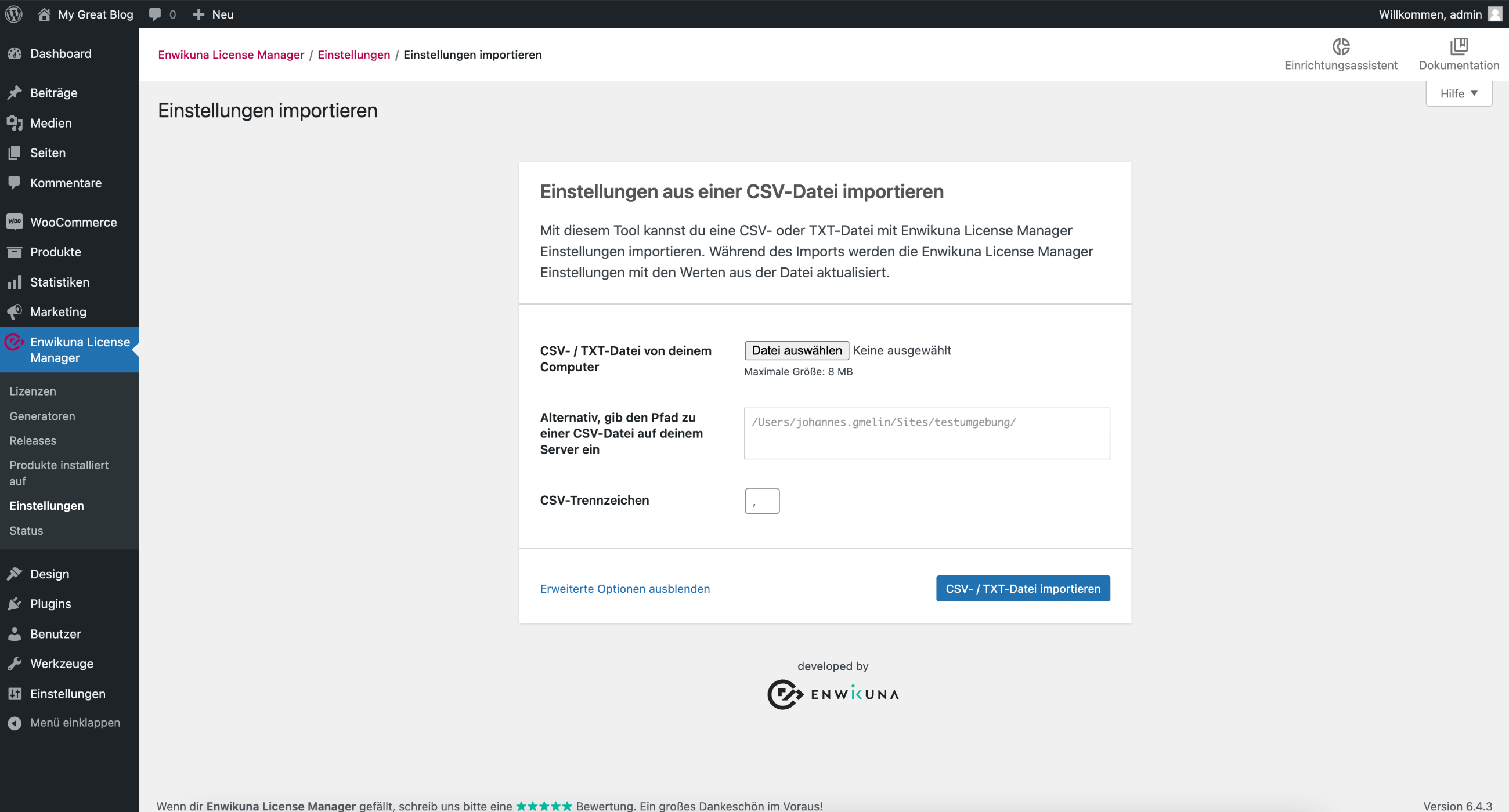 Enwikuna License Manager Einstellungen importieren