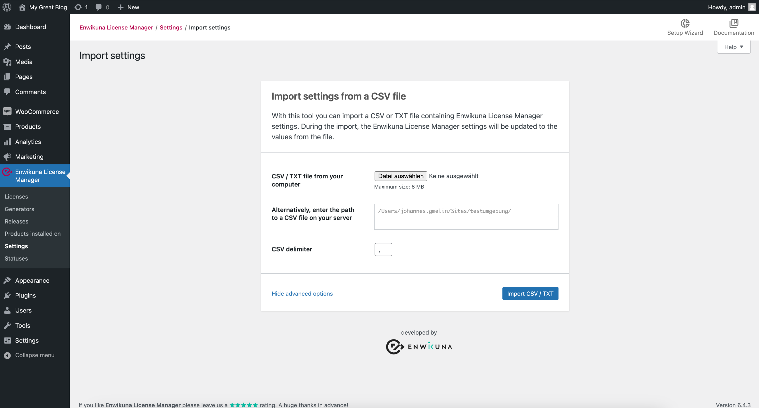 Enwikuna License Manager Einstellungen importieren