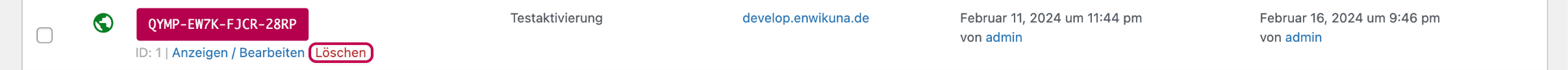 Enwikuna License Manager Lizenzaktivierungen Tabelle Aktion löschen
