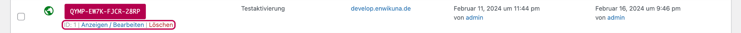 Enwikuna License Manager Lizenzaktivierungen Tabelle Aktionen