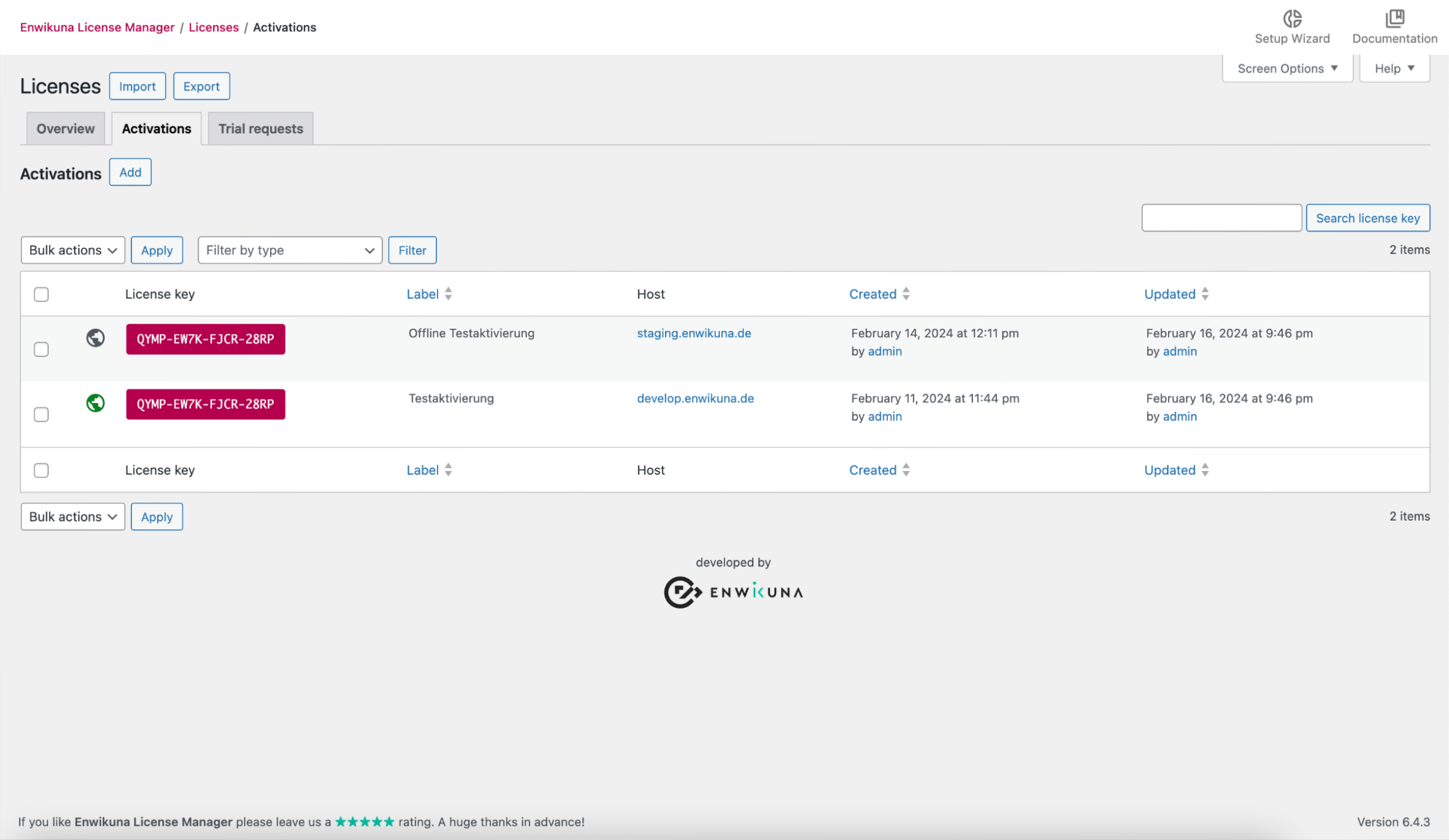 Enwikuna License Manager license activations table