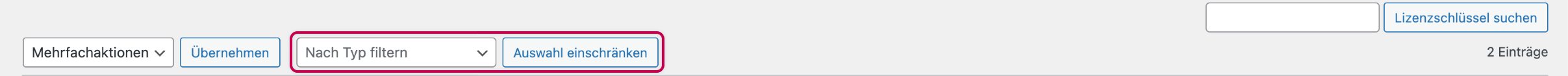 Enwikuna License Manager Lizenzaktivierungen Tabelle Filter