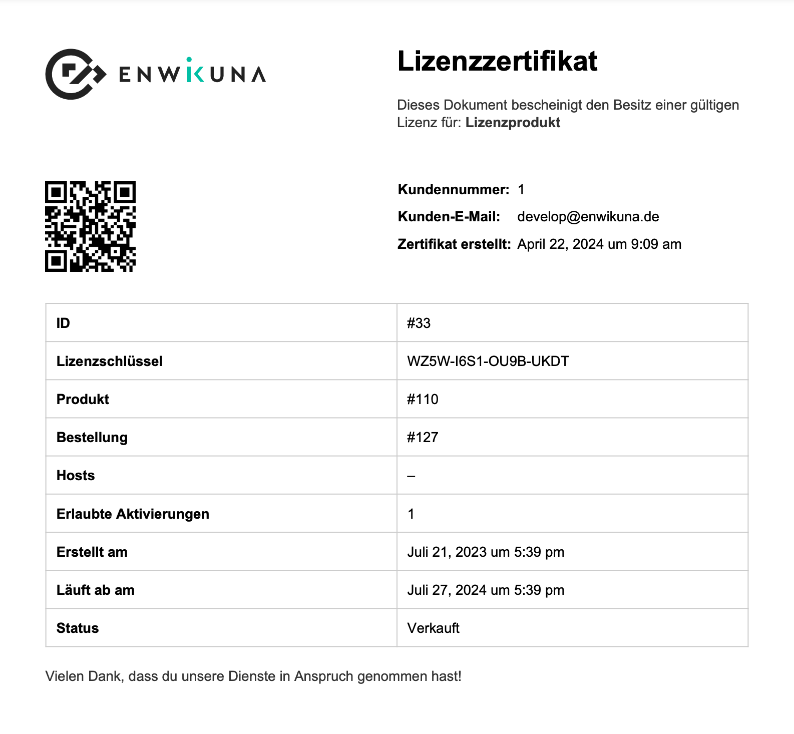 Enwikuna License Manager Lizenzzertifikat