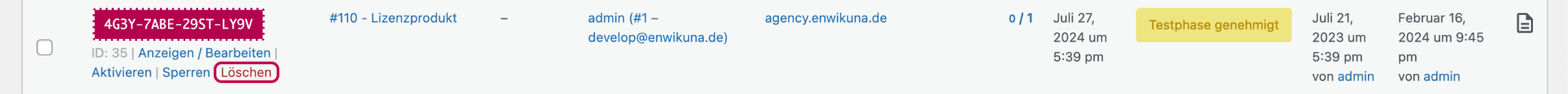 Enwikuna License Manager Lizenzen Tabelle Aktion löschen