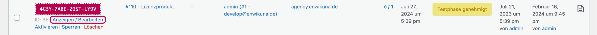 Enwikuna License Manager Lizenzen Tabelle Aktion anzeigen bearbeiten