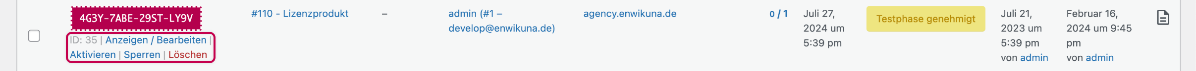 Enwikuna License Manager Lizenzen Tabelle Aktionen
