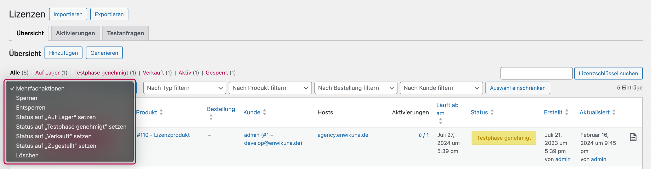 Enwikuna License Manager Lizenzen Tabelle Mehrfachaktionen