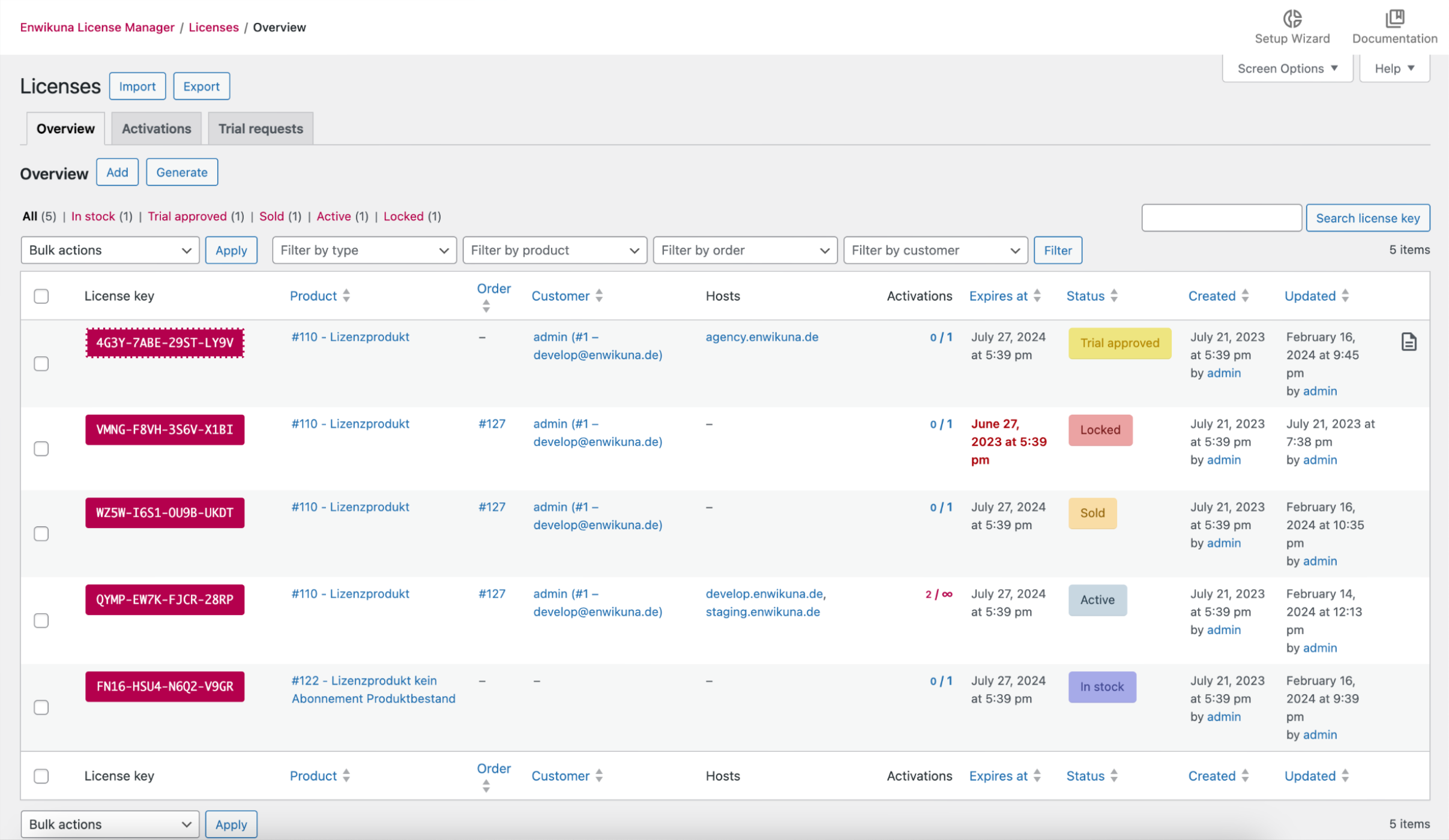 Enwikuna License Manager licenses table