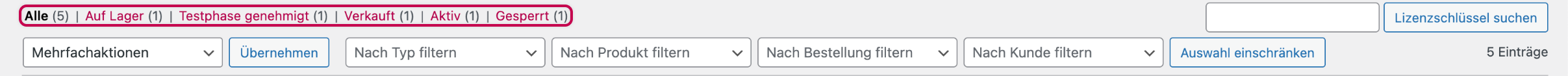 Enwikuna License Manager Lizenzen Tabelle nach Status filtern