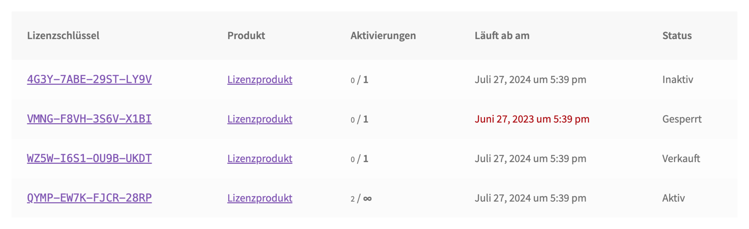 Enwikuna License Manager Lizenztabelle Shortcode