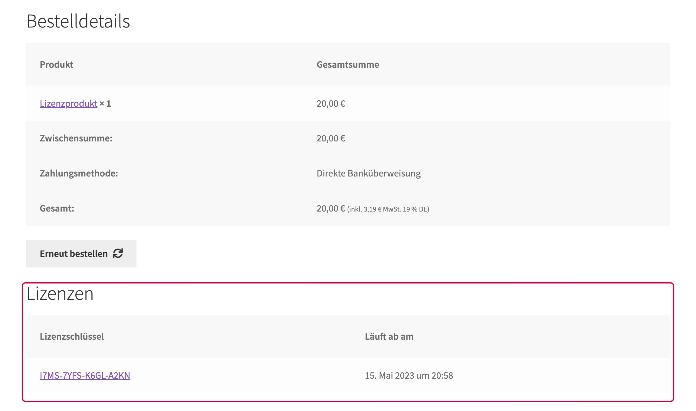 Enwikuna License Manager Bestellung Lizenztabelle