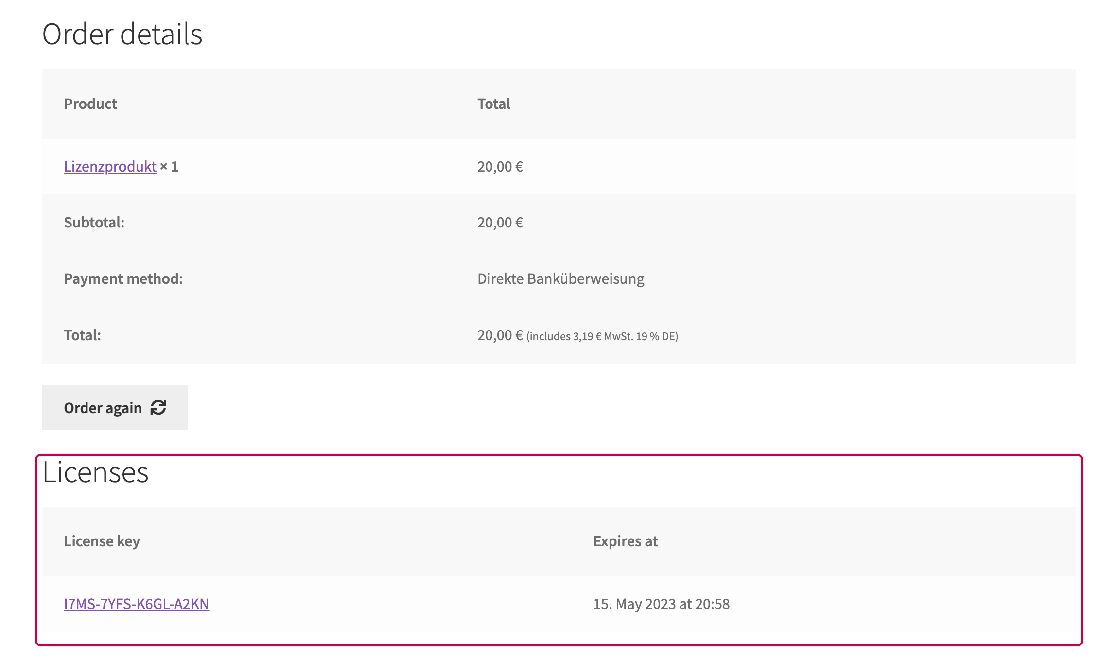 Enwikuna License Manager Bestellung Lizenztabelle